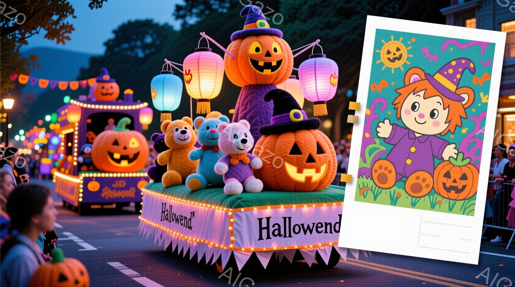 ハロウィーンのパレードのフロートで、大きなカボチャのキャラクターが微笑んでいます。フロートには、かわいらしいクマのぬいぐるみや、ハロウィーンの装飾が施された提灯が飾られ、賑やかな雰囲気を醸し出しています。背景には観客や建物が見え、晴天の下、楽しいハロウィーンのイベントが行われている様子が伝わってきます。