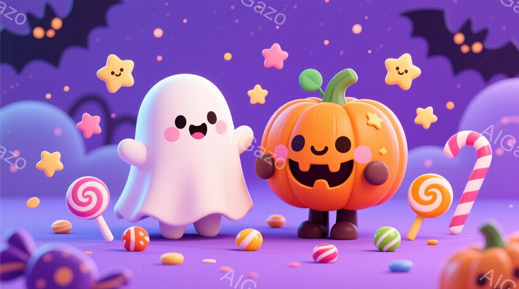 柔らかいピンク色の幽霊とオレンジ色のジャック・オー・ランタンが、キャンディーが散らばる紫色の背景に立っています。幽霊は少し恥ずかしそうに微笑み、ジャック・オー・ランタンは大きく笑顔を浮かべています。背 - AI生成フリー素材
