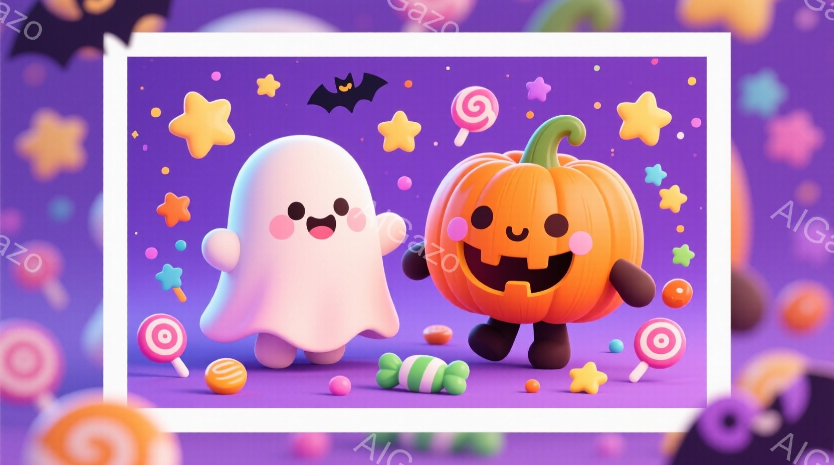 白い幽霊とオレンジ色のカボチャが、お菓子が散らばった紫色の背景に立っています。幽霊は丸い体で可愛らしい表情をしており、カボチャは緑色のつるを持ち、笑顔を浮かべています。全体的にハロウィーンのお祝いムー - AI生成フリー素材