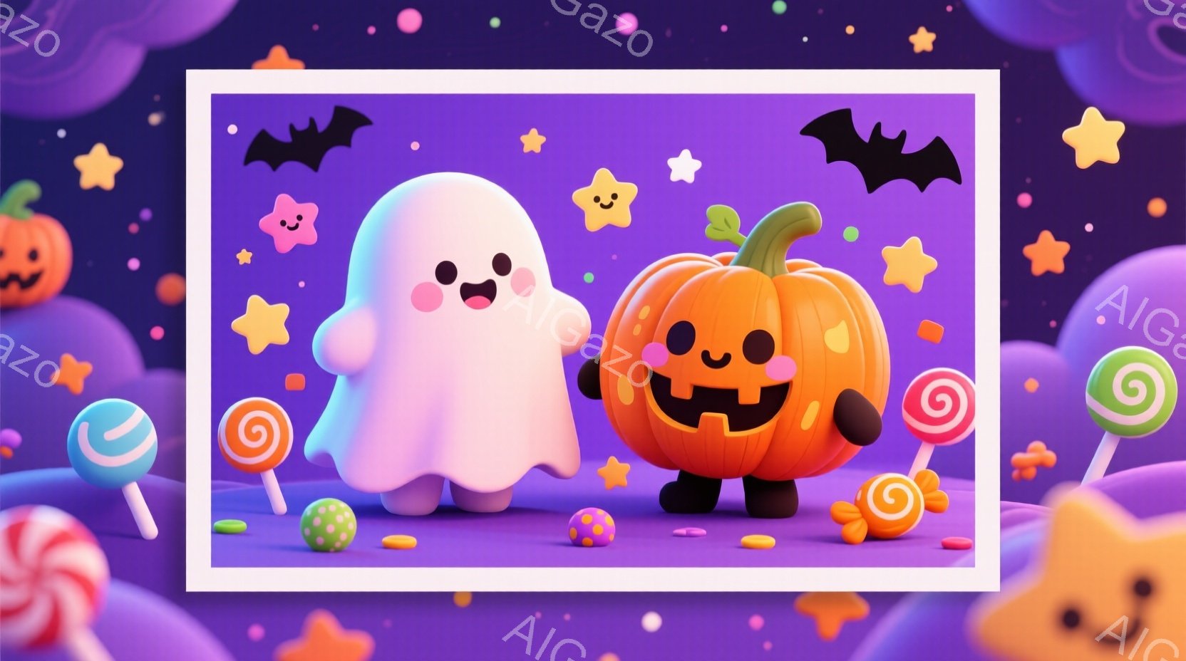明るい紫色を基調とした背景に、可愛らしいお化けとジャック・オー・ランタンが描かれています。お化けは丸みを帯びた形で、つぶらな瞳と微笑みを浮かべており、ジャック・オー・ランタンはニッコリと笑った顔で、小 - AI生成フリー素材