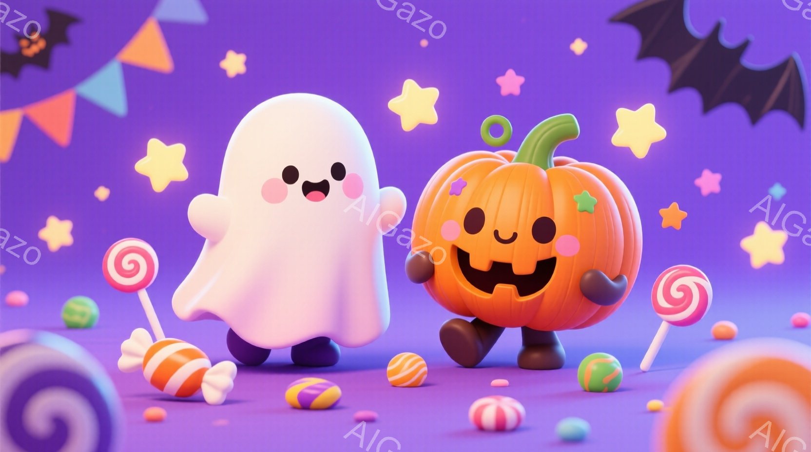 かわいいお化けとカボチャがキャンディーに囲まれて立っています。お化けはピンク色で、丸い目と笑顔を浮かべています。背景は紫色のグラデーションで、星とコウモリが散りばめられており、お祭りのような楽しい雰囲 - AI生成フリー素材
