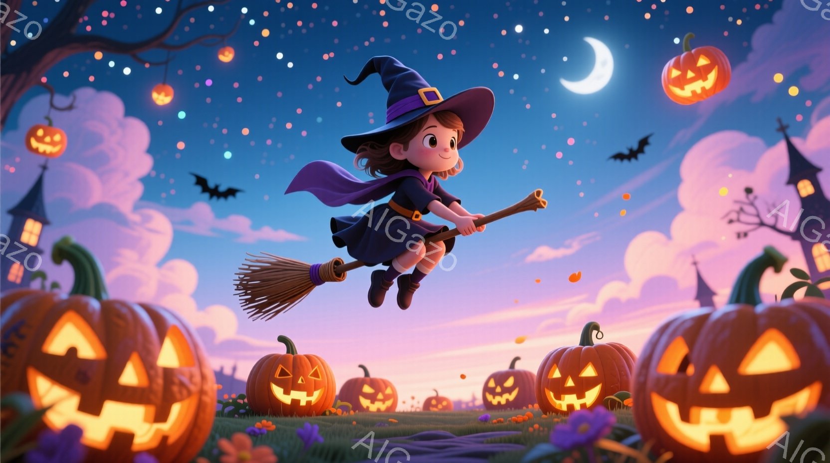 夜空を背景に、魔女の帽子をかぶった少女がほうきに乗って飛んでいます。紫色のローブとスカートを身につけ、明るい笑顔を見せており、その表情は活気に満ちています。背景には、カボチャのランタンが浮かび、遠くに - AI生成フリー素材