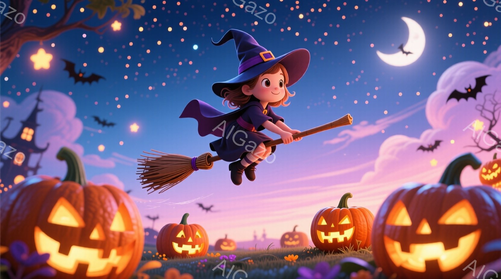 小さな女の子が、ほうきにまたがり空を飛んでいます。彼女は黒い魔女の帽子と紫色のローブを着ており、明るい笑顔を浮かべています。背景には、お化け屋敷のような建物、オレンジ色のジャック・オ・ランタン、そして - AI生成フリー素材