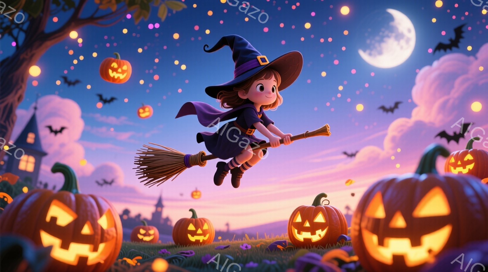 少女がほうきに乗って空を飛んでいる。彼女は黒い帽子と紫色のマントを着ており、表情は楽しそうで、笑顔を見せている。背景には、ハロウィーンカボチャ、お城のような建物、夜空に浮かぶ満月、そして飛び交うコウモリがあり、全体的に幻想的で楽しいハロウィーンの雰囲気を醸し出している。
