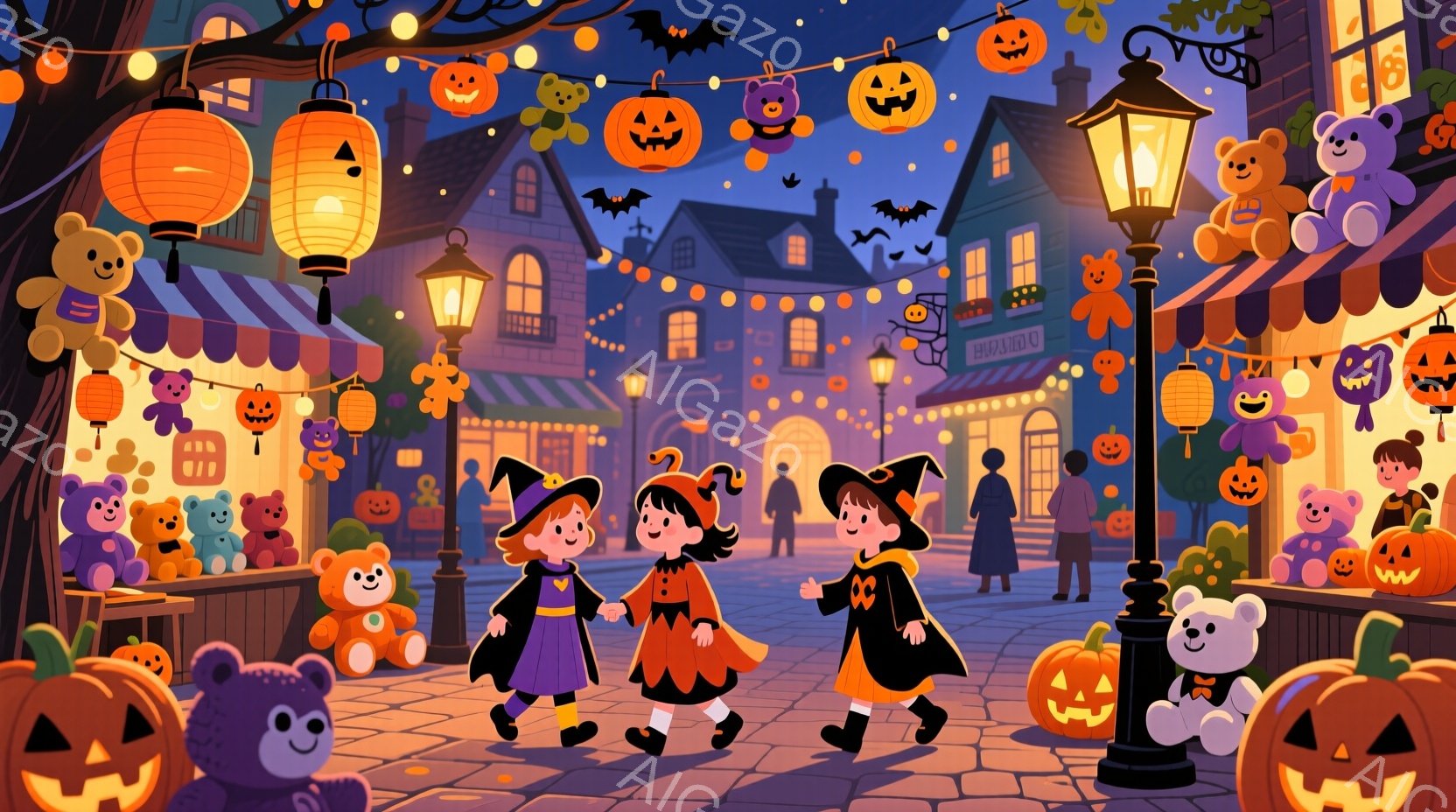 三人の子供たちがハロウィンの夜、石畳の通りを歩いている。黒い帽子をかぶり、それぞれオレンジと黒の衣装を着ており、笑顔で楽しそうにしている。背景には、カボチャのランタンや可愛らしいおもちゃで飾られたお店 - AI生成フリー素材