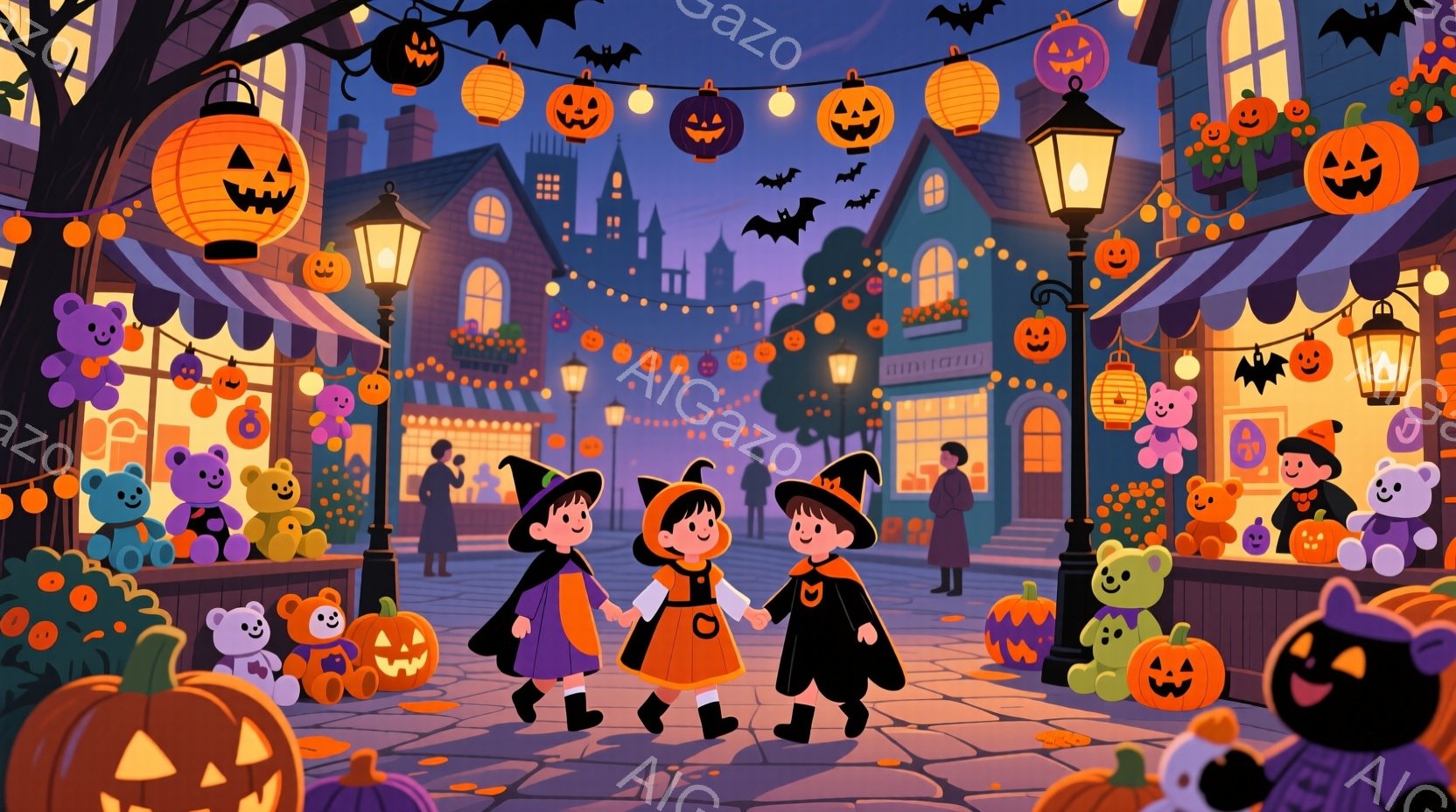 ハロウィーンの夜の賑やかな通りが描かれています。三人の子供たちは魔女の帽子と衣装を着て、手をつないで楽しそうに歩いています。背景には、カボチャのランタン、お化け、コウモリで飾られた建物が立ち並び、活気 - AI生成フリー素材