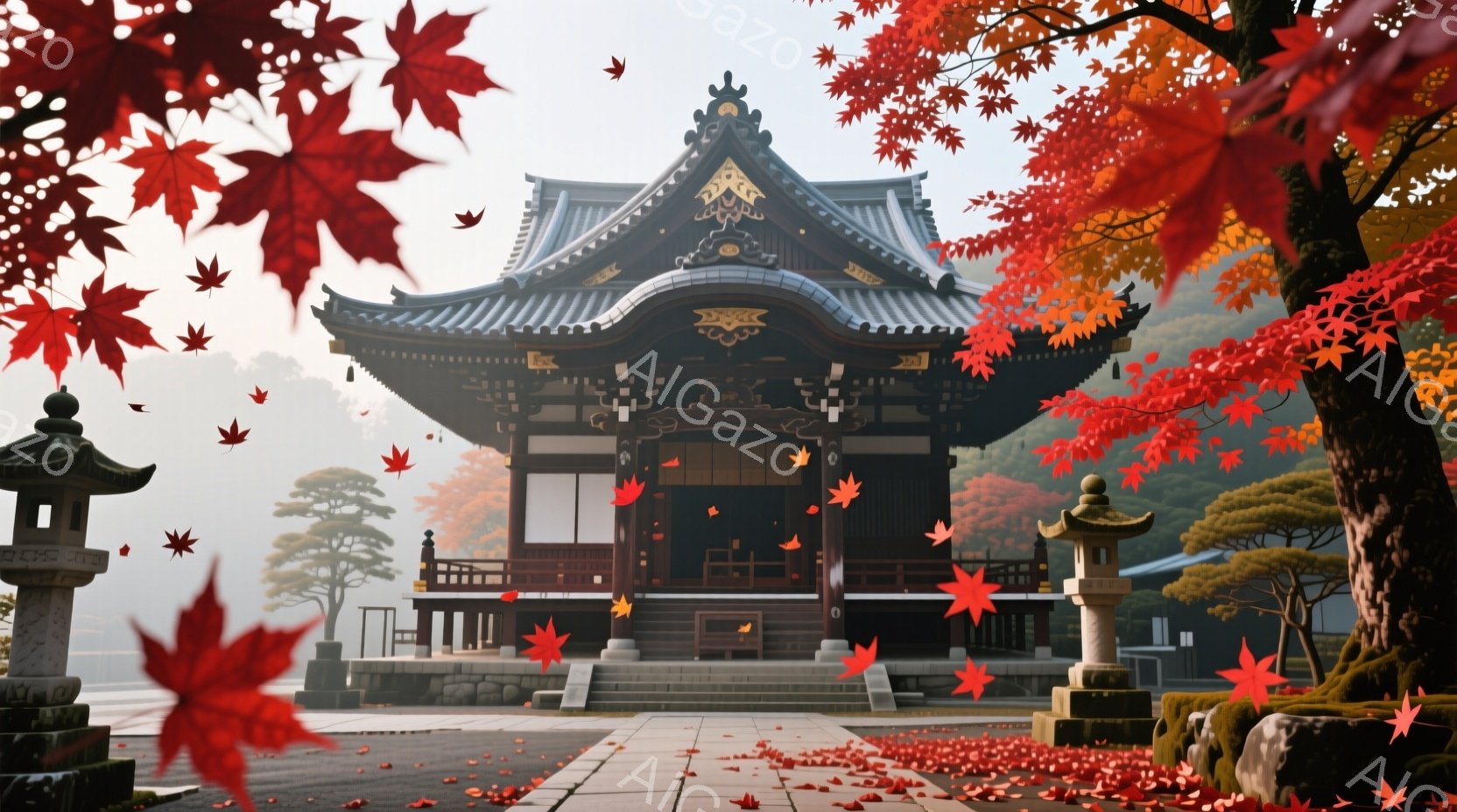 鮮やかな紅葉が舞い散る中、堂々とした佇まいの寺院が描かれています。黒塗りの建物は、複雑な装飾が施された屋根と、左右に配置された石灯籠によって荘厳な雰囲気を醸し出しています。背景には霧がかった山々と緑豊 - AI生成フリー素材