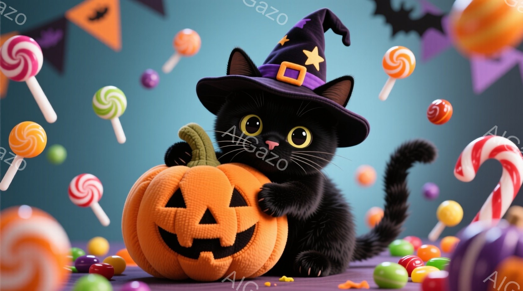 黒猫がハロウィーンの帽子をかぶり、彫刻されたジャック・オー・ランタンの隣に座っています。猫は丸い目をしていて、少しいたずらっぽい表情をしています。背景には、キャンディーやカラフルなゼリービーンズが散りばめられ、ハロウィーンの雰囲気を盛り立てています。