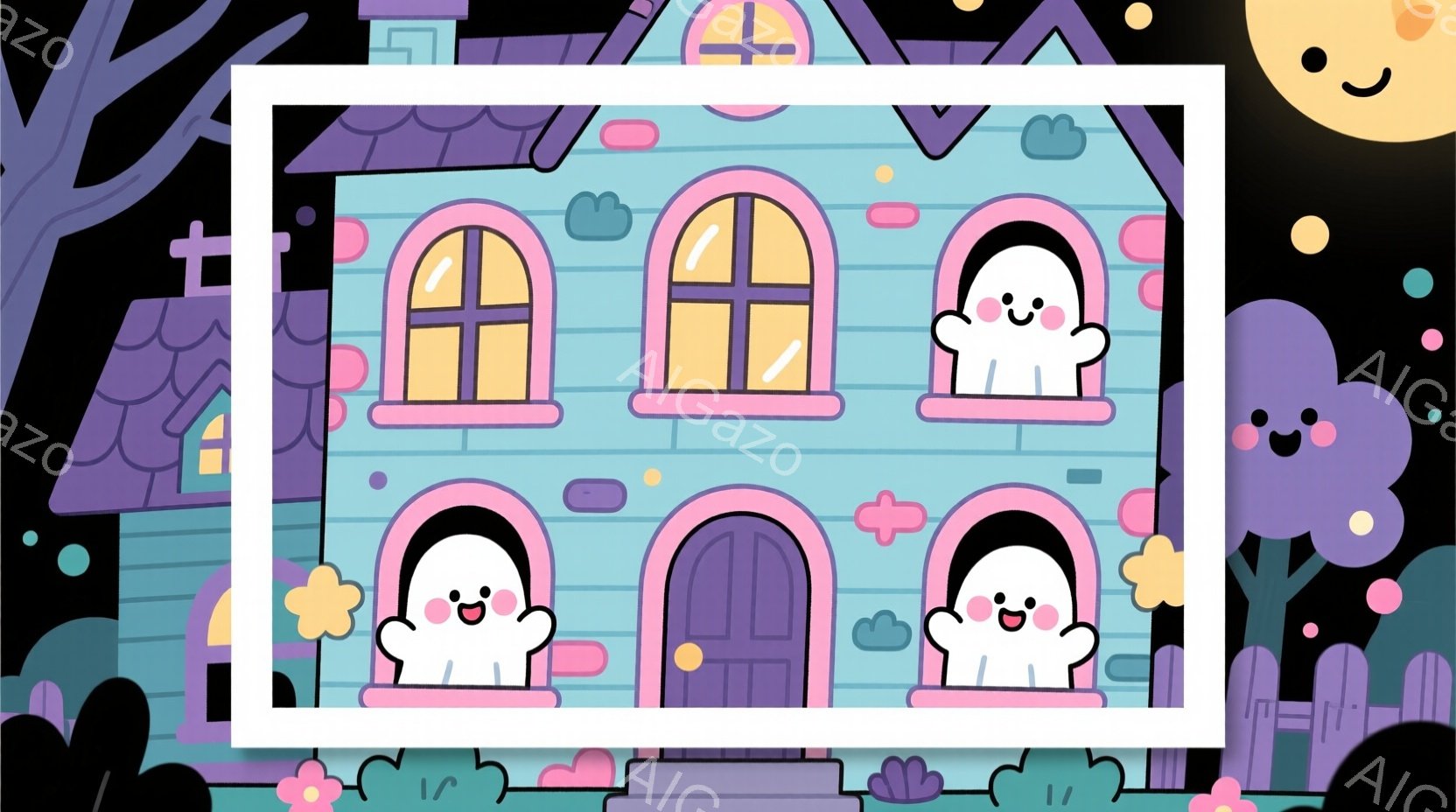 薄紫色の可愛らしい家が描かれており、窓や屋根はピンク色でアクセントが効いています。窓には愛らしい幽霊たちが笑顔で顔を覗かせており、周りにはふわふわとした雲や、黒いシルエットの木々が描かれています。全体的にパステルカラーで統一されており、ハロウィーンらしい、かわいらしく幻想的な雰囲気が漂っています。
