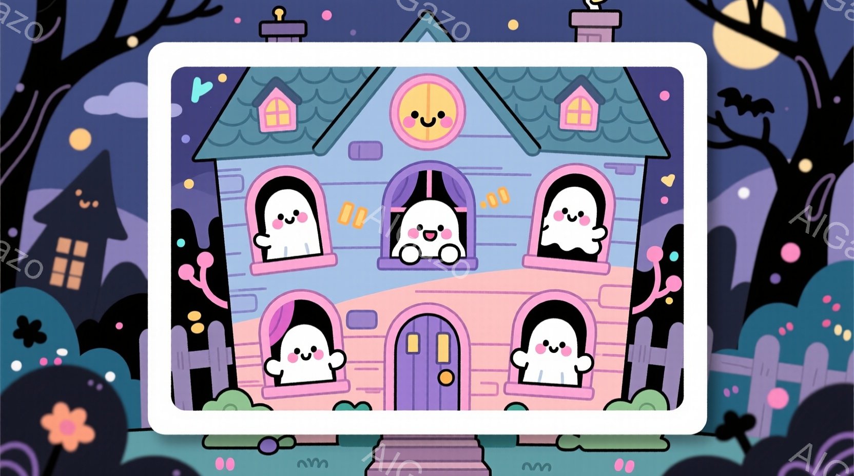 薄紫色の可愛らしい家が描かれており、窓から顔を覗かせているのは白いお化けたちです。お化けたちは皆笑顔で、丸い形をしており、愛らしい雰囲気を醸し出しています。背景には暗い空とシルエットの建物、木々が見え - AI生成フリー素材