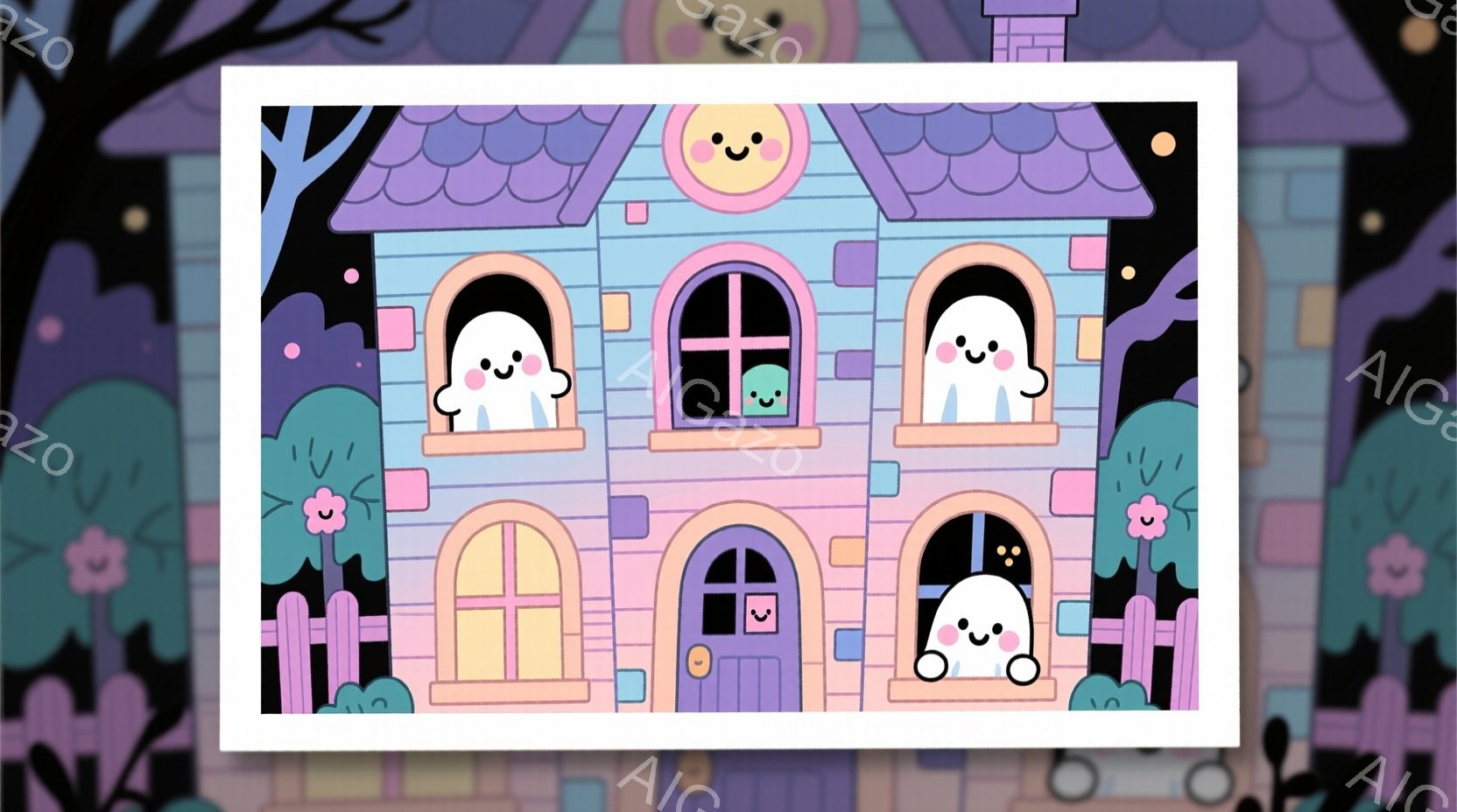 パステルカラーの可愛らしい家が描かれており、窓にはそれぞれ丸くて白い幽霊が顔を出しています。幽霊たちはピンクのチークが可愛らしく、笑顔でこちらを見ています。背景は暗い夜空と紫色の茂みで、全体的に夢のよ - AI生成フリー素材