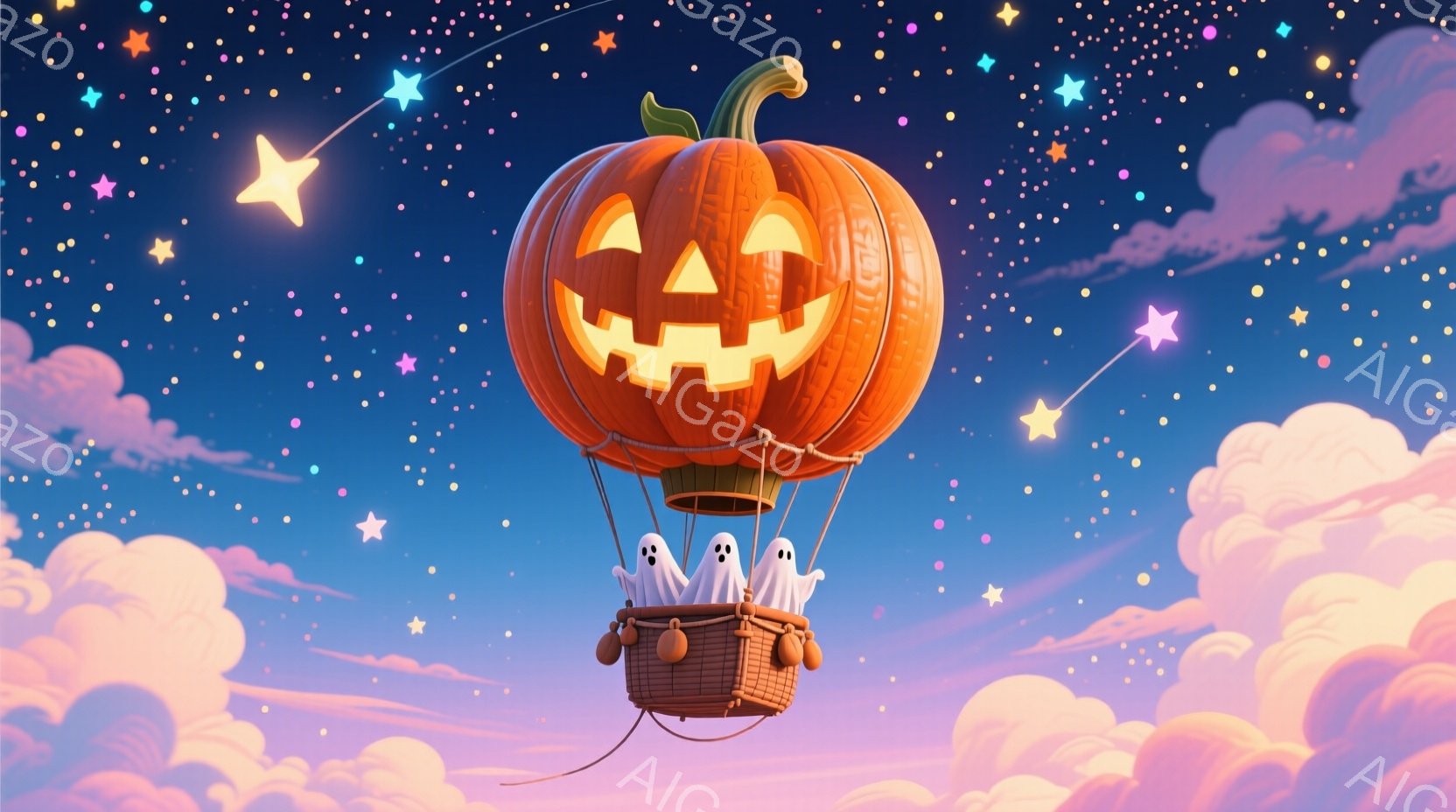 大きなカボチャが風船のように空に浮かんでおり、その下にバスケットがあります。バスケットの中には、白い幽霊たちが数体座っており、楽しそうな表情をしています。背景はパステルカラーの雲と星で満たされ、夢のよ - AI生成フリー素材