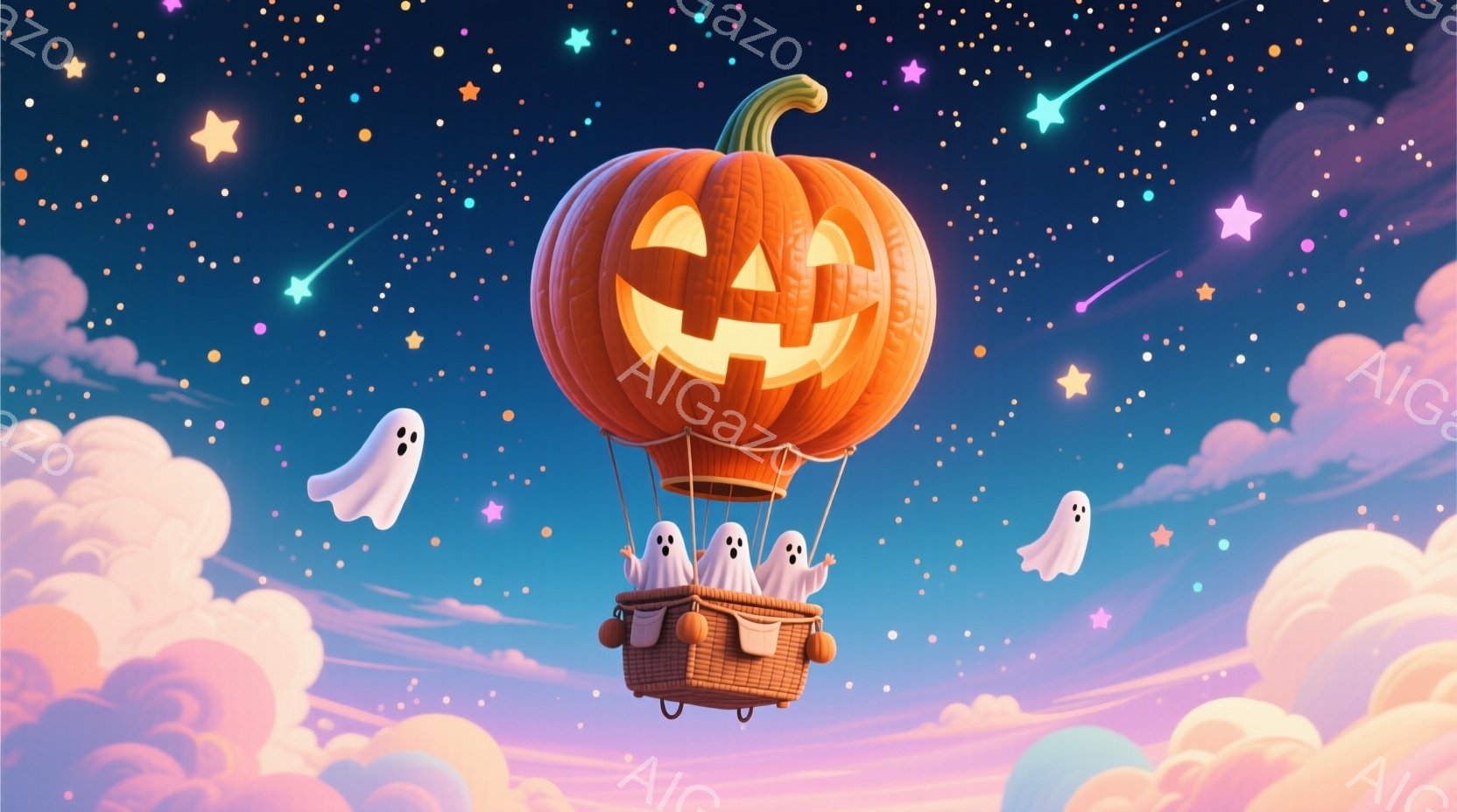 カボチャで作られた巨大な風船が空を飛んでおり、その下には籠があり、中に白い幽霊たちが乗っています。幽霊たちは皆同じように丸いフォルムで、可愛らしい表情をしています。背景はパステルカラーの雲と星空で、全体的に夢のような、お祭り気分を醸し出しています。