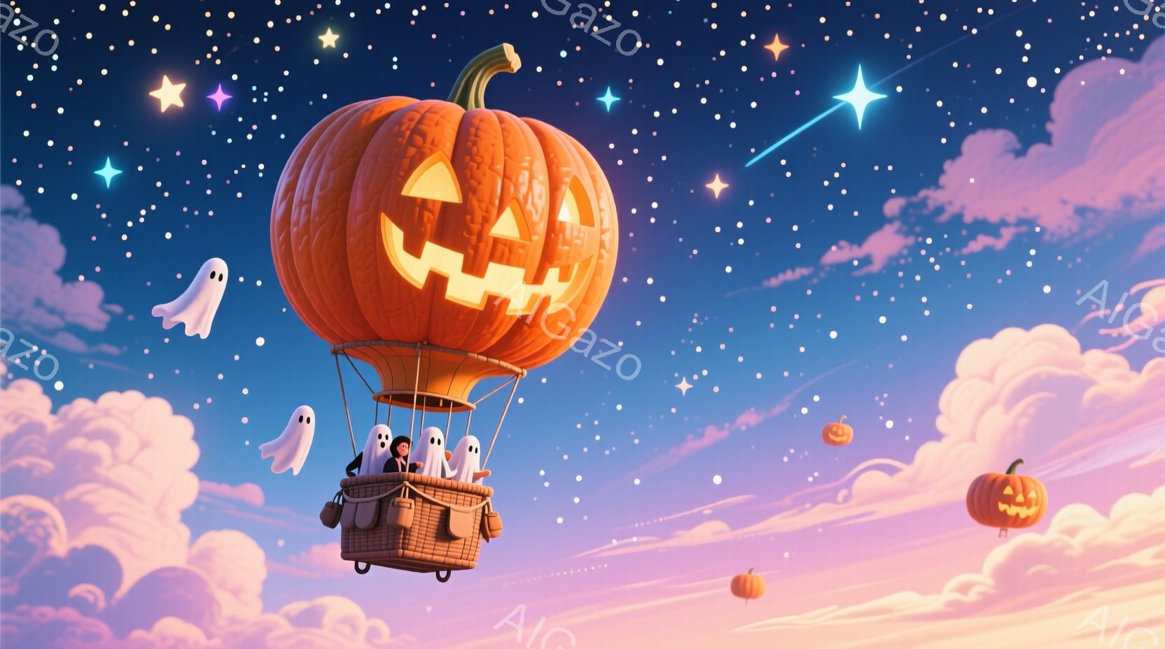 空には、たくさんの星が輝き、淡いピンクと紫色の雲が広がっています。巨大なカボチャの形をした熱気球には、黒い服を着た人物と、白い幽霊たちが乗っており、楽しそうに空を旅しています。背景には、浮かぶカボチャ - AI生成フリー素材