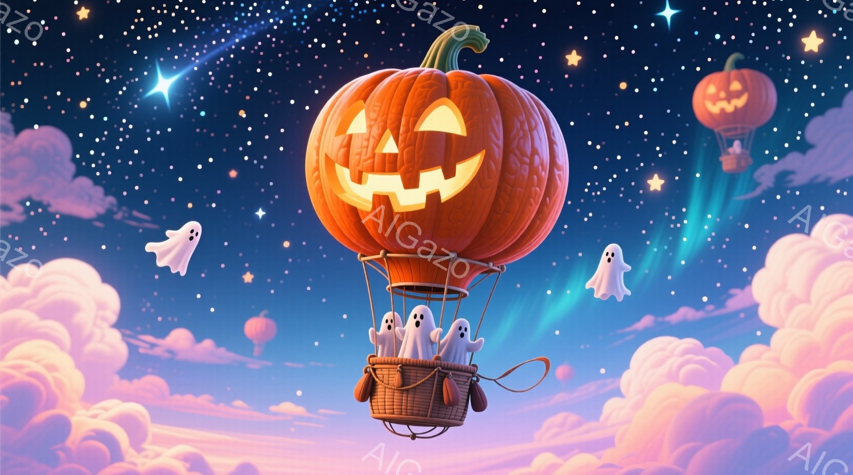 大きなカボチャが熱気球になって空を飛んでいます。カボチャの中には編まれたバスケットがあり、その中に白い幽霊たちが寄り添って座っています。背景には、パステルカラーの雲と星が散りばめられた夜空が広がり、ハ - AI生成フリー素材
