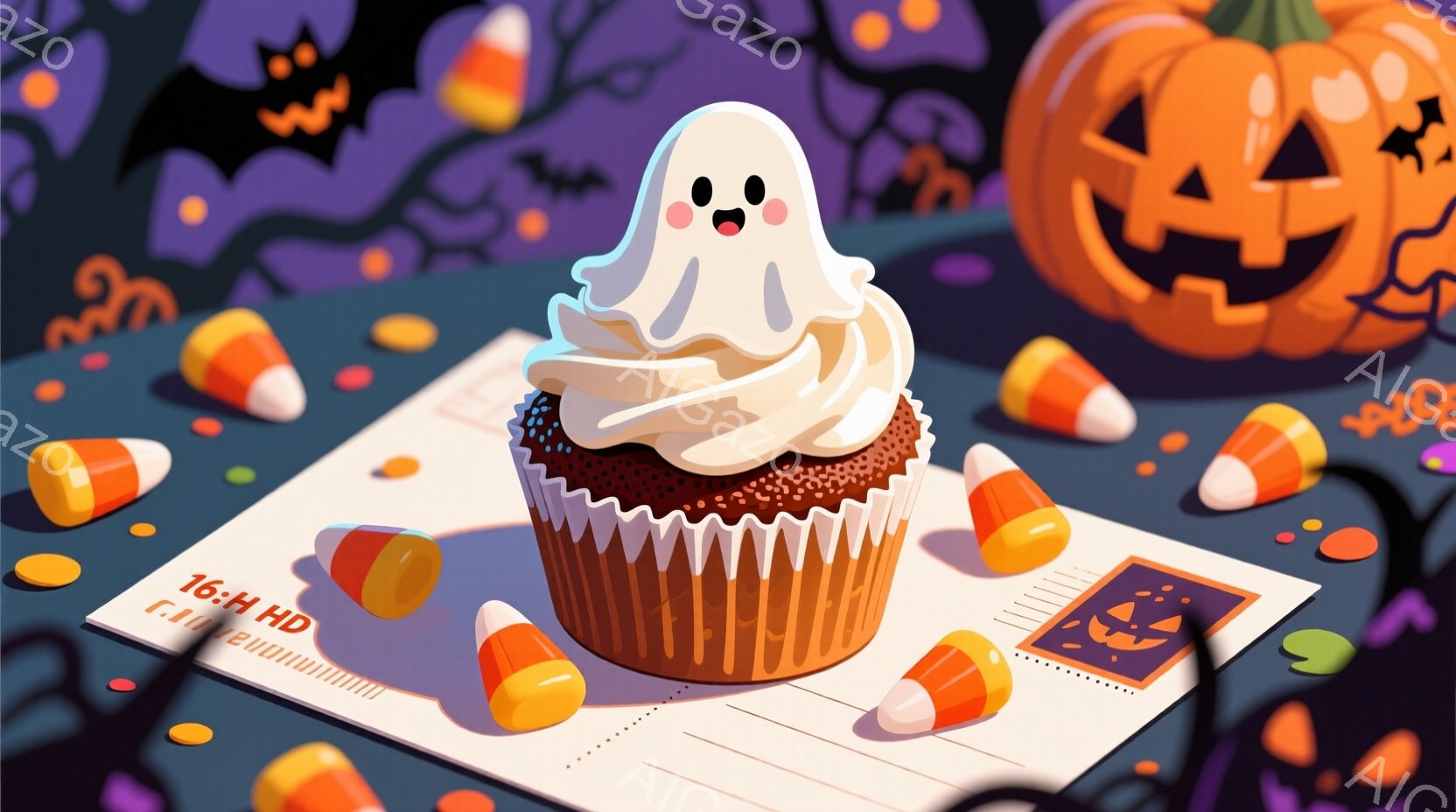 真っ黒い背景に、ハロウィーンをテーマにしたイラストが描かれています。茶色のカップケーキの上に白いクリームと幽霊の形をした飾りがあり、周りにはキャンディコーンが散りばめられています。背景にはオレンジ色の - AI生成フリー素材