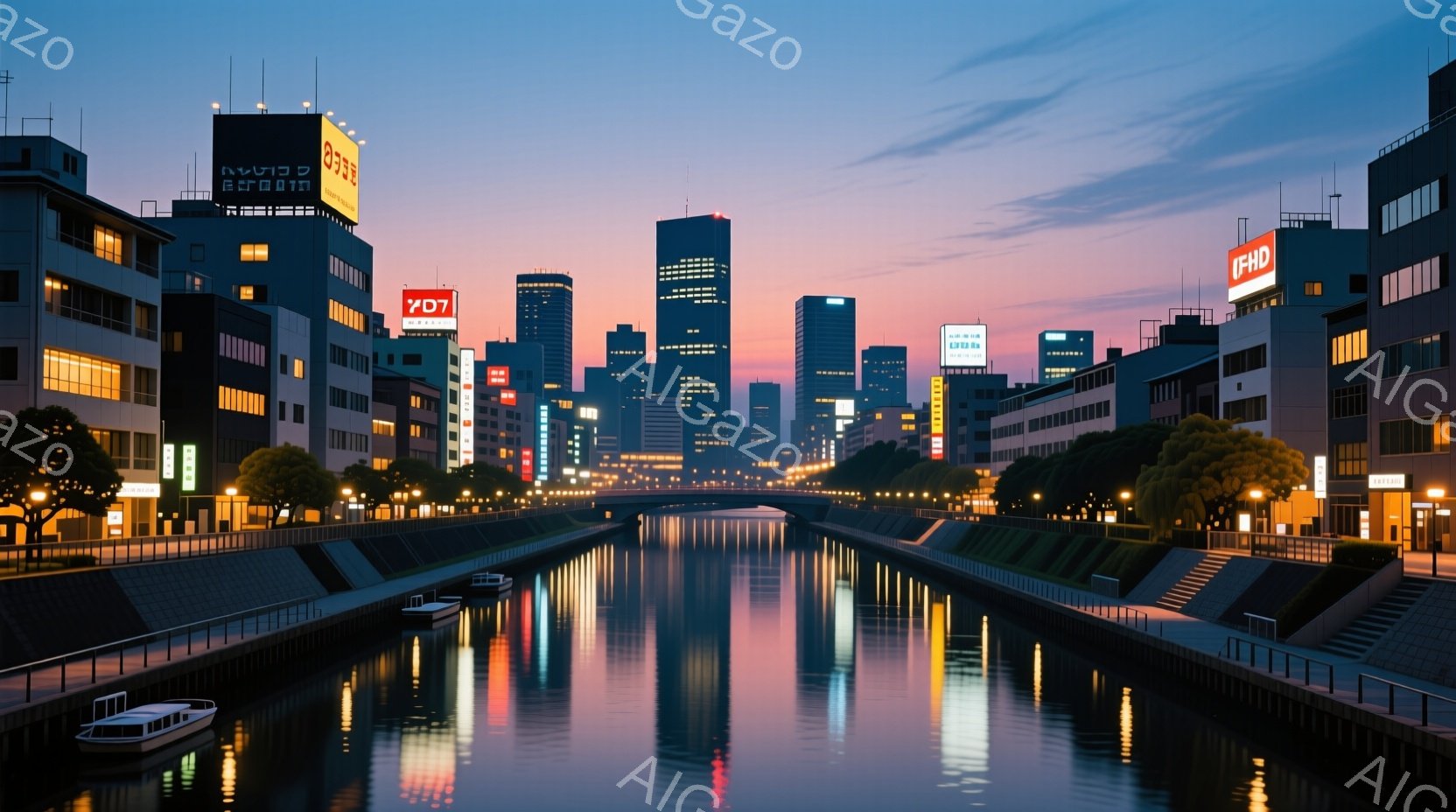 水路の両側に建物が立ち並び、夜の都市景観が広がっています。水面にはネオンサインや街灯が反射し、オレンジと紫色の美しいグラデーションが空に広がっています。穏やかな水面と静かな街並みが、平和で落ち着いた雰囲気を醸し出しています。