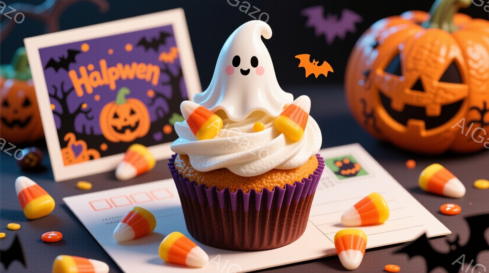 ハロウィーンをテーマにした静物画で、紫色のカップケーキの上に白いクリームとキャンディコーンで作られた可愛らしいお化けが乗っています。背景には、カボチャの絵が描かれたハロウィーンのポストカードと、オレン - AI生成フリー素材