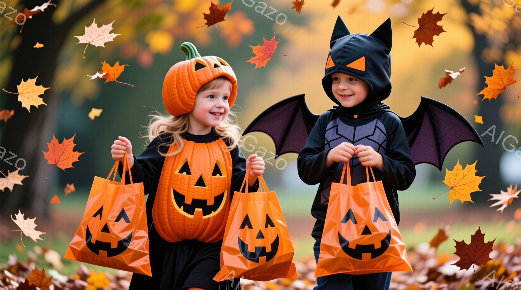 二人の子供がハロウィーンの衣装を着て歩いている。女の子はカボチャの帽子と黒い服を着て、男の子はコウモリのコスチュームを着ている。背景には落ち葉が舞い散り、秋の雰囲気が漂う公園や緑地が見える。 - AI生成フリー素材