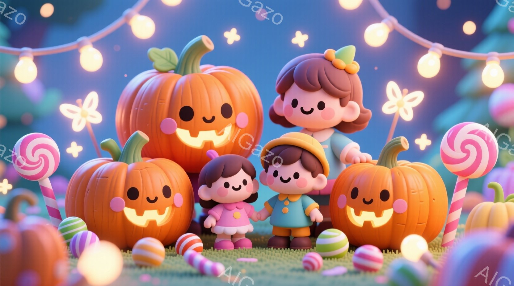 明るいオレンジ色の背景に、可愛らしいハロウィーンの光景が広がっています。大きなカボチャと小さなカボチャがいくつか並び、その中に赤い髪の女の子とオレンジ色の服を着た男の子がいます。地面はカラフルなキャン - AI生成フリー素材