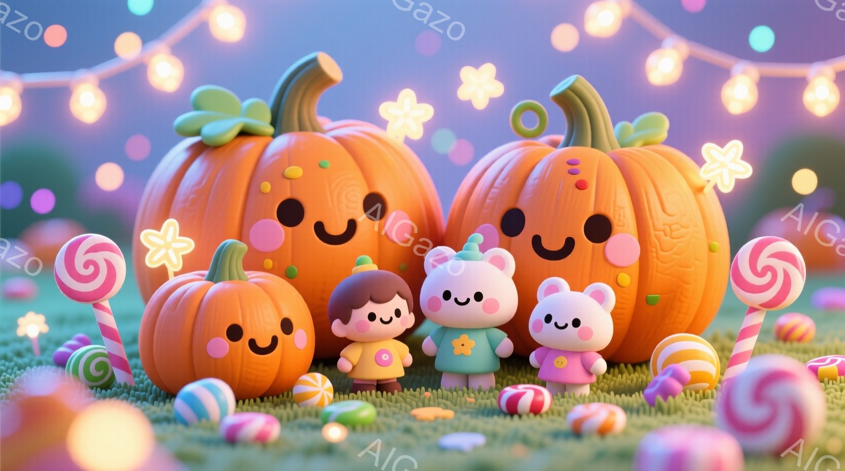 笑顔のカボチャたちが、緑の芝生の上に並んでいます。小さな女の子とクマの人形は、それぞれ花柄の服を着て、カボチャたちと寄り添っています。背景には、キラキラと輝く光の糸とキャンディが散りばめられ、暖かく楽しい雰囲気を醸し出しています。