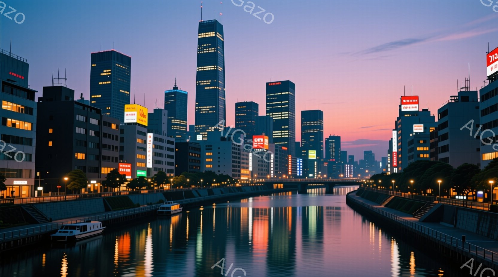 夜景が広がる運河が印象的な写真です。高層ビル群が夕焼け空を背景に立ち並び、水面にオレンジと紫の光が反射して美しい光景を作り出しています。運河沿いには街灯が灯り、静かで落ち着いた雰囲気が漂っています。 - AI生成フリー素材