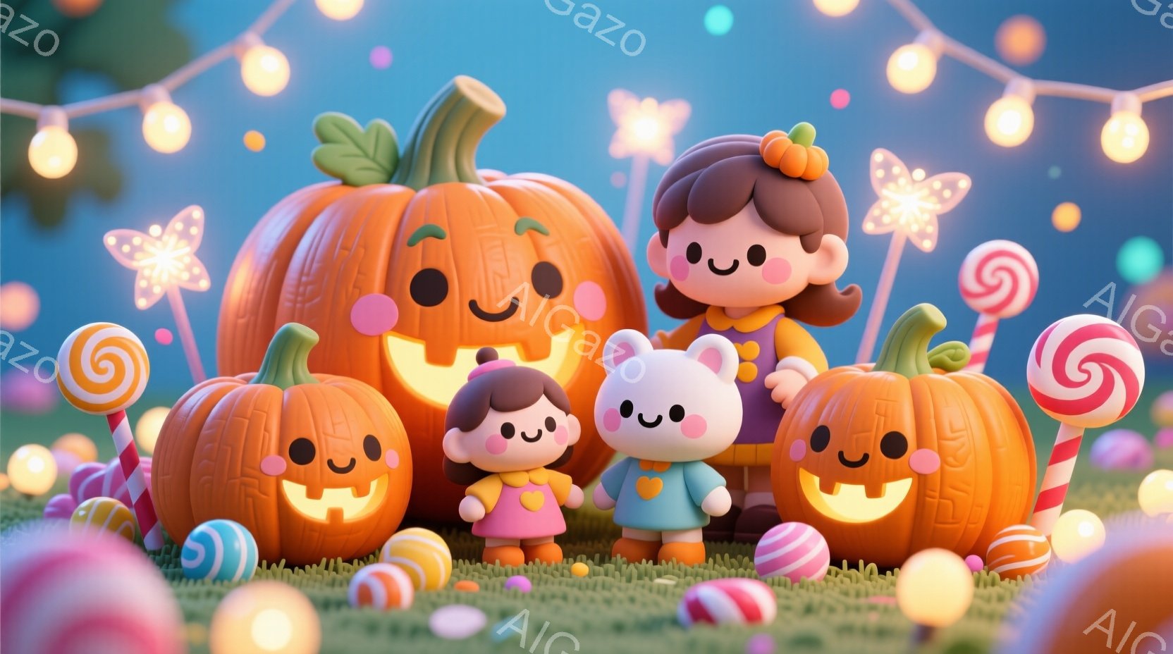 可愛らしい少女と小さなクマのぬいぐるみが、ハロウィーンの大きなカボチャに囲まれて立っています。少女はオレンジ色のヘアバンドで髪を結い、ピンク色のワンピースを着ており、クマのぬいぐるみはオレンジ色のベス - AI生成フリー素材