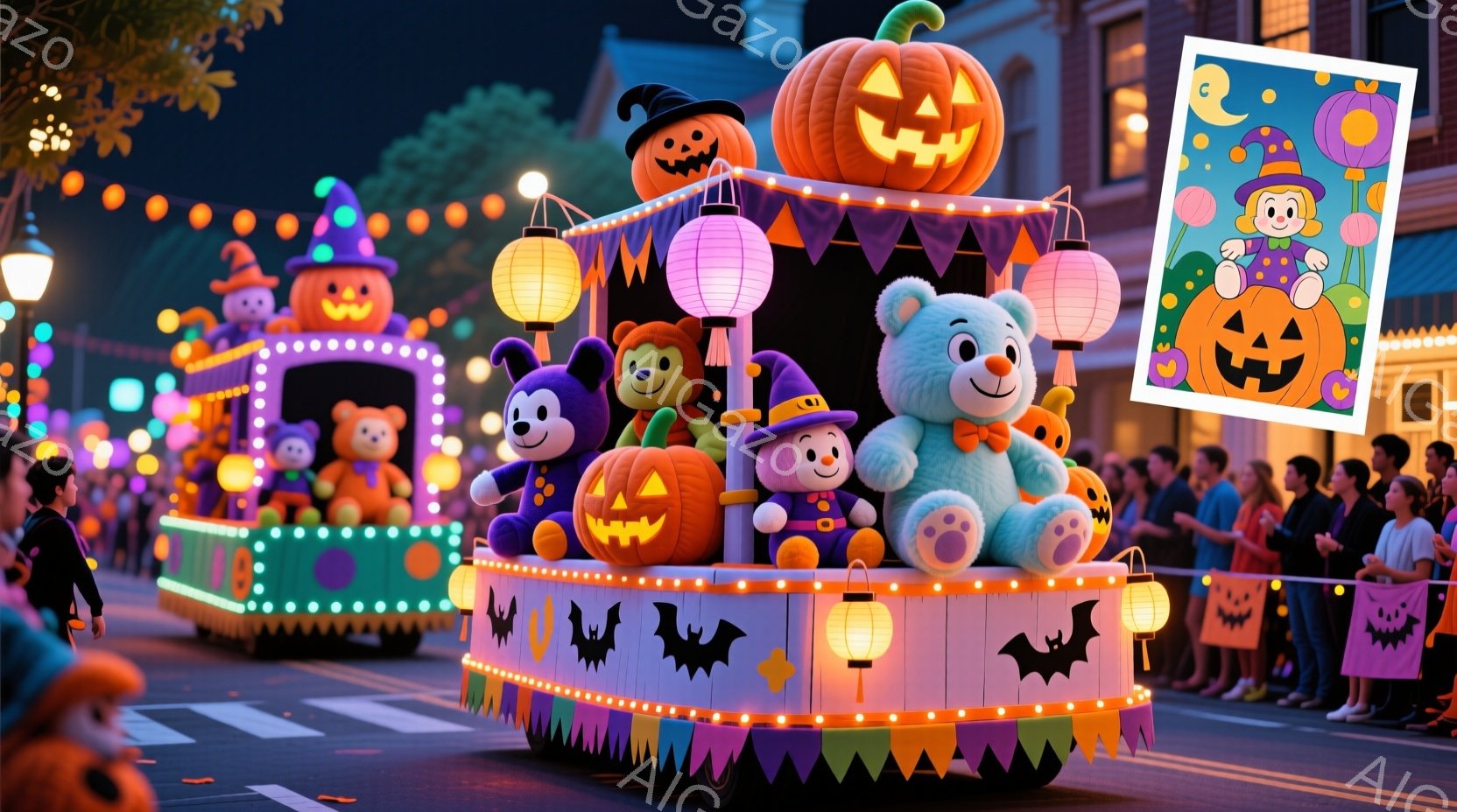 ハロウィーンのパレードが行われている様子で、緑色のフロートが夜の暗い通りをゆっくりと進んでいる。フロートの上には、カボチャやコウモリの装飾が施され、ミッキーやプーなどのキャラクターがハロウィーンの衣装を着て笑顔を見せている。背景には観客の人々が並び、夜空にはハロウィーンを象徴する装飾が施された街灯が灯り、お祭り騒ぎの賑やかな雰囲気が漂っている。