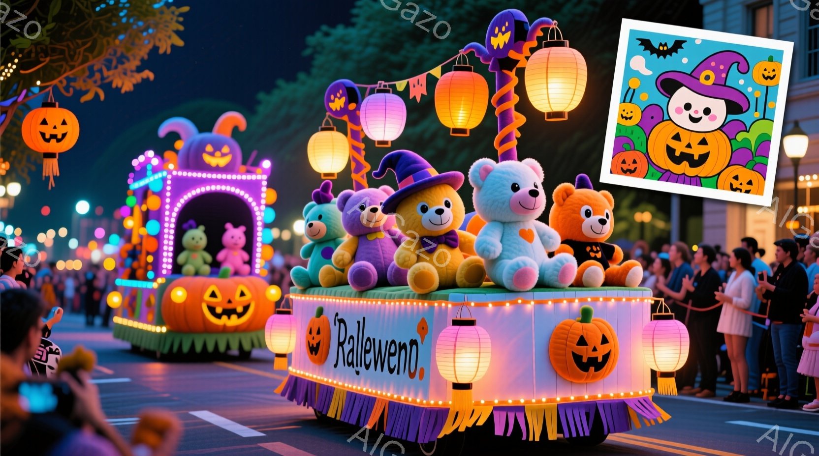 ハロウィーンのパレードが行われている様子が写っています。フロートには、大きなぬいぐるみやカボチャの装飾が施され、カラフルな提灯が並んでいます。観客はハロウィーンの衣装を着ており、楽しそうな雰囲気が伝わってきます。