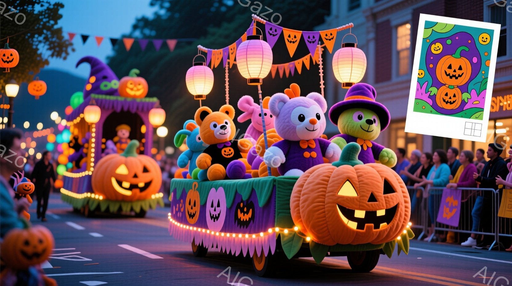 ハロウィーンのパレードで、巨大なカボチャの形をしたフロートが通りを進んでいます。フロートの上には、可愛らしい動物の着ぐるみを着たキャラクターたちが乗り、手を振っています。背景には観客席と建物が見え、夜空にはオレンジ色の提灯が飾られ、お祭り気分を盛り上げています。