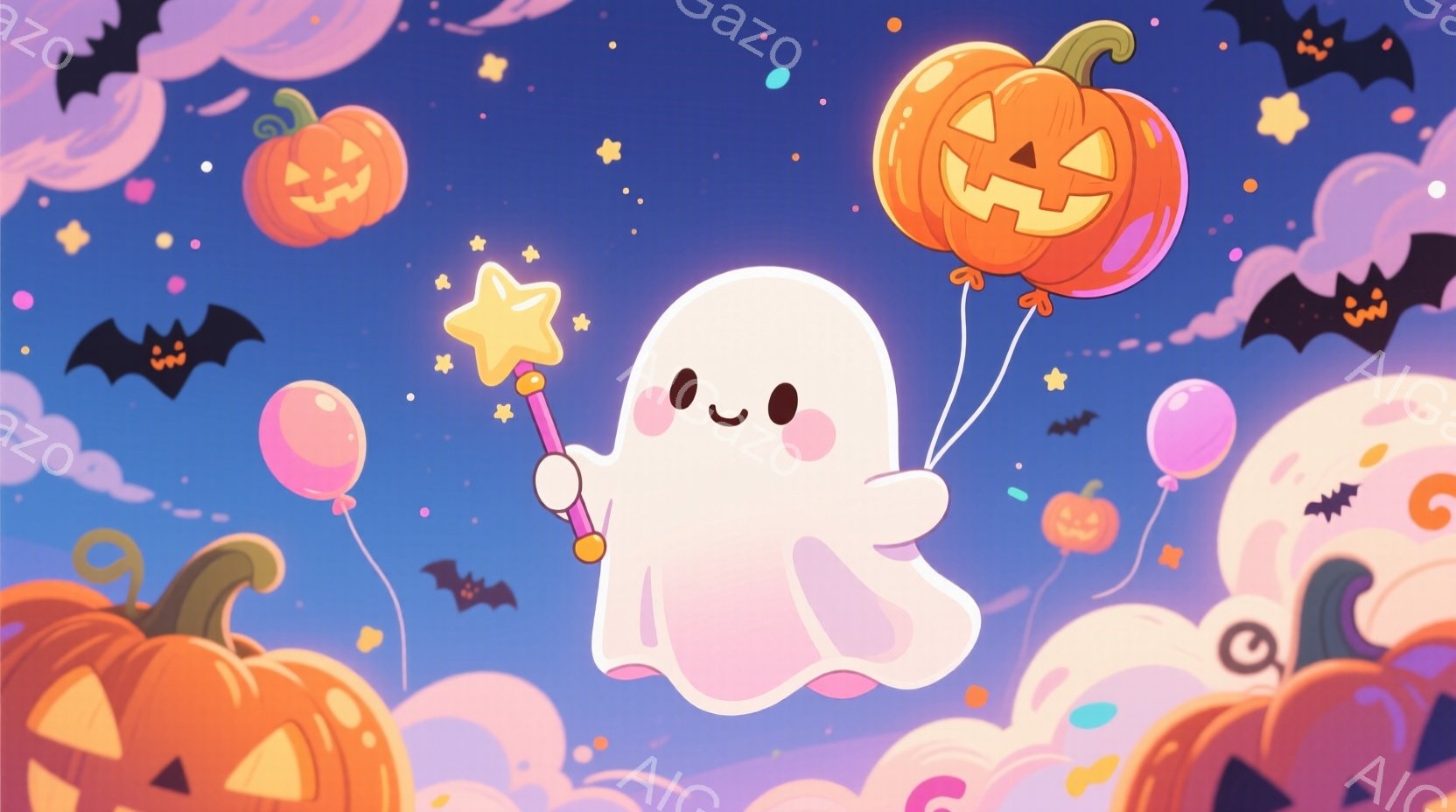 白い幽霊が、星の形をした杖を持って空中に浮かんでいます。周りには、オレンジ色のジャック・オ・ランタンの風船と、ピンクと水色の風船が浮かび、黒いコウモリが飛び交い、ハロウィーンの夜空を思わせる背景です。 - AI生成フリー素材