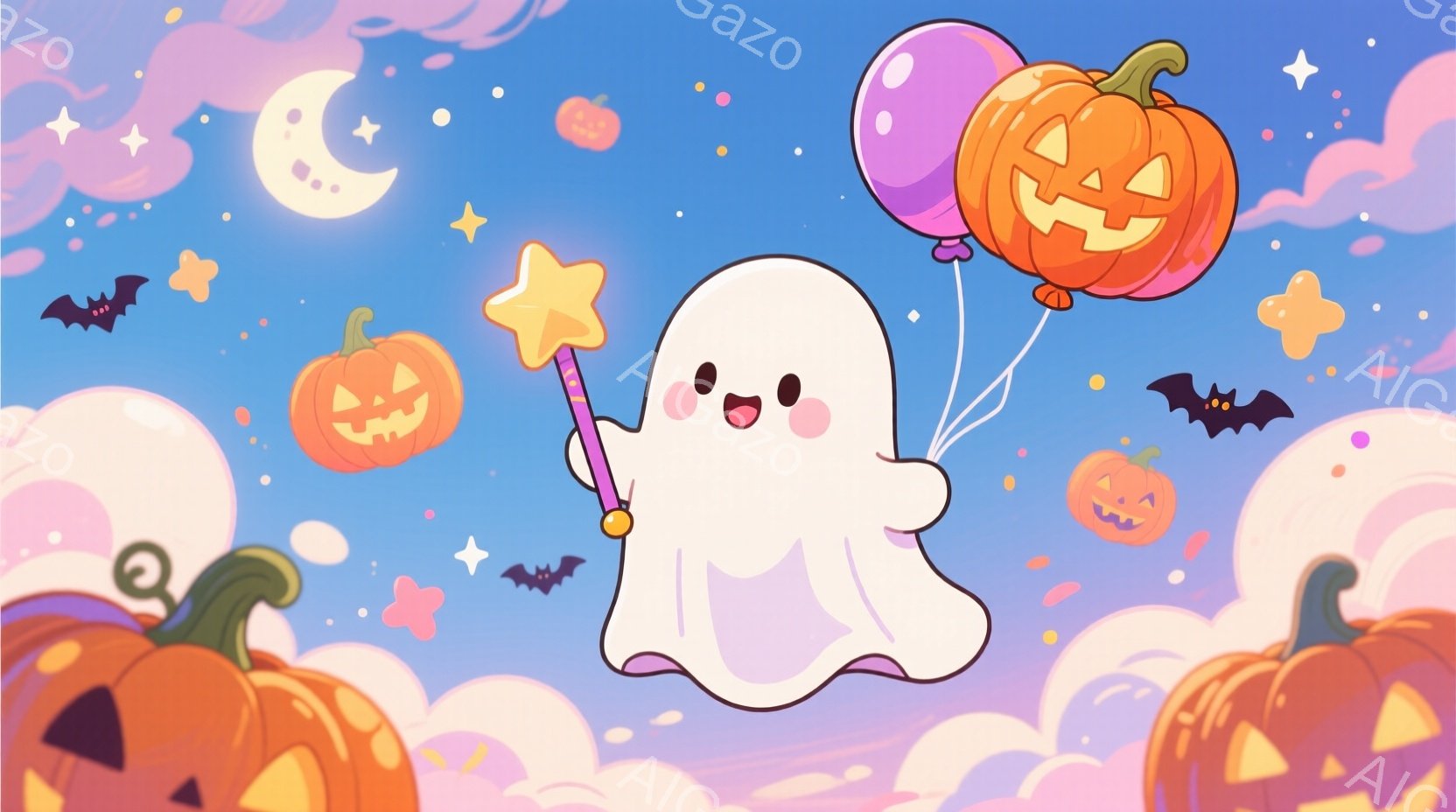 白くふわふわとした幽霊が、小さな杖を持って浮かんでいます。背景には、ハロウィーンカボチャ、紫色の風船、そして小さなコウモリが星空の中で浮かび、全体的に可愛らしく、お祝いムードいっぱいの雰囲気です。パス - AI生成フリー素材