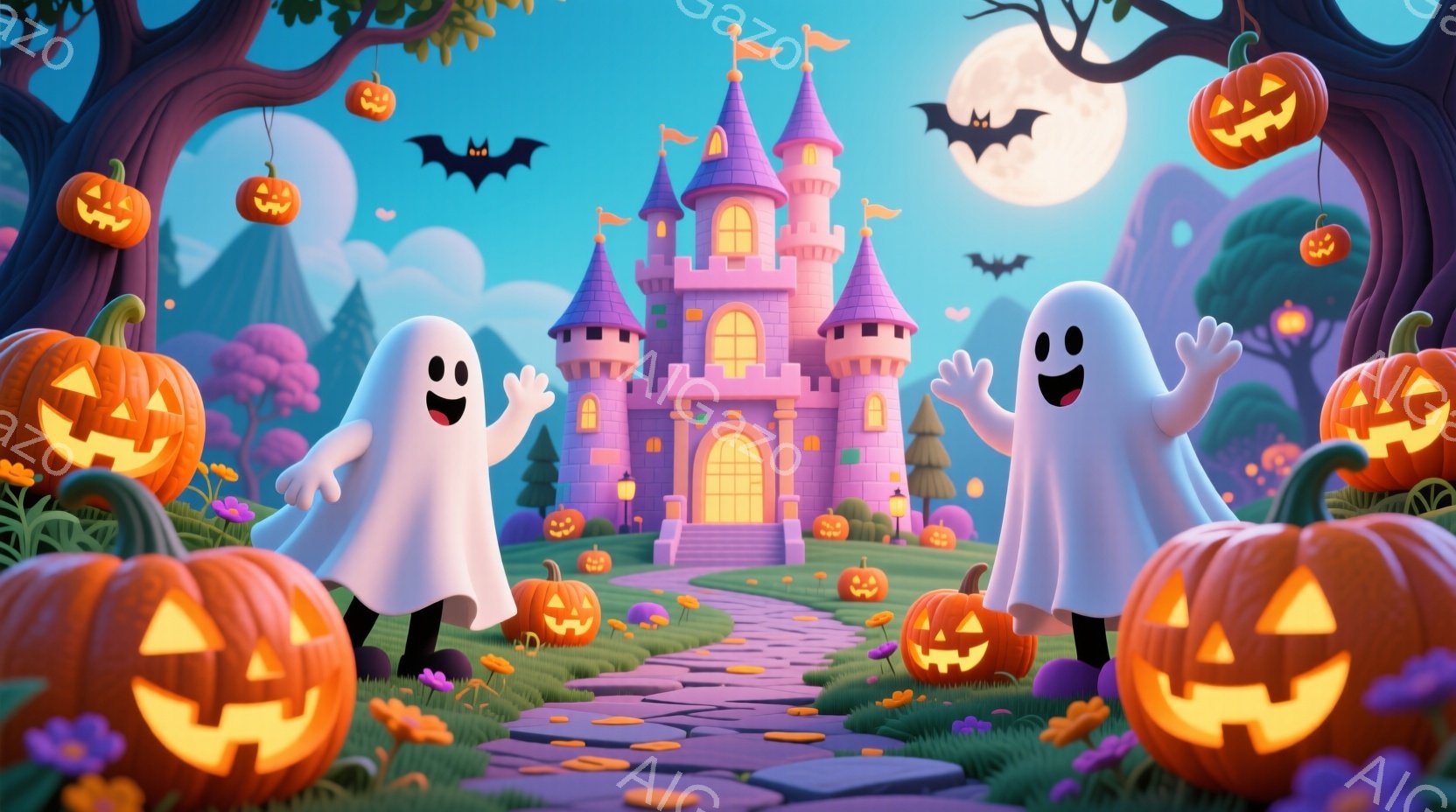 明るいピンク色の城が、紫色の石畳の道を挟んで、笑顔の幽霊二体とオレンジ色のジャック・オー・ランタンに囲まれています。幽霊たちは腕を上げて喜びを表しており、背景には満月と夜空を飛ぶコウモリが見えます。全 - AI生成フリー素材