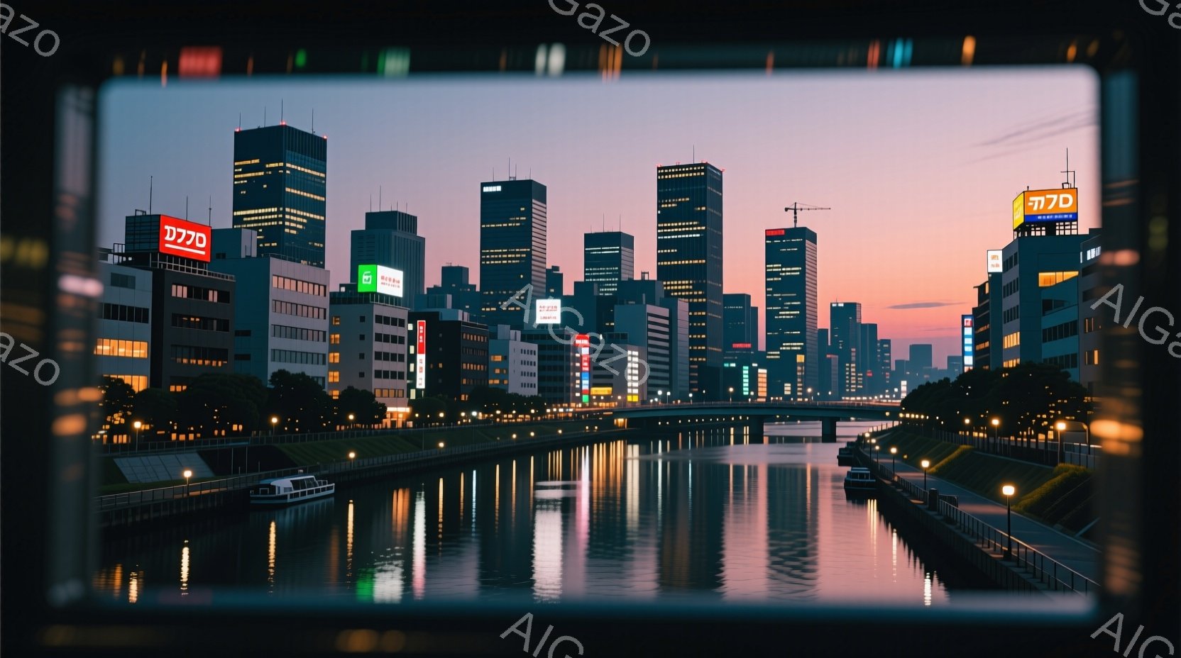 夜明け前の都市の風景で、運河が建物の間に流れています。高層ビル群が夕焼け空にシルエットとなり、水面にオレンジと紫の色合いが反射して美しい光景を作り出しています。運河沿いには街灯が灯り、穏やかな雰囲気の中で、都市の活気と静寂が共存しています。