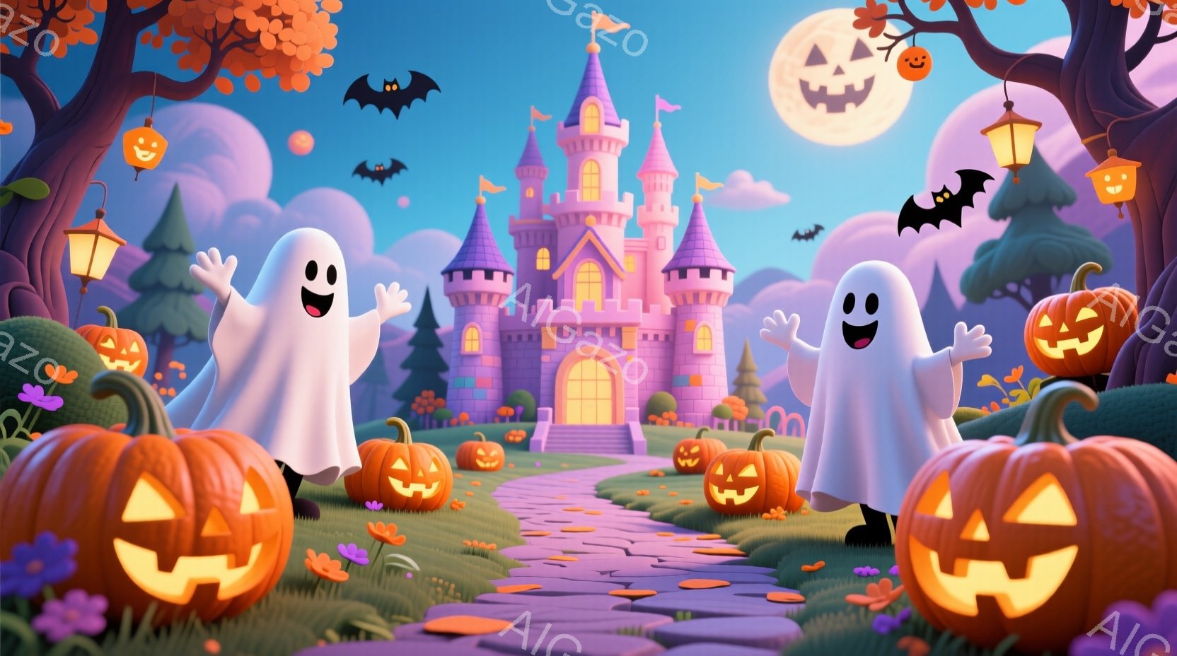 紫色の城が背景に広がり、オレンジ色のカボチャや幽霊が配置されたハロウィンのイラストです。幽霊は白い布で覆われ、笑顔で両手を上げて喜びを表しています。城の周りにはカボチャのランタンが飾られ、暗闇の中で明 - AI生成フリー素材