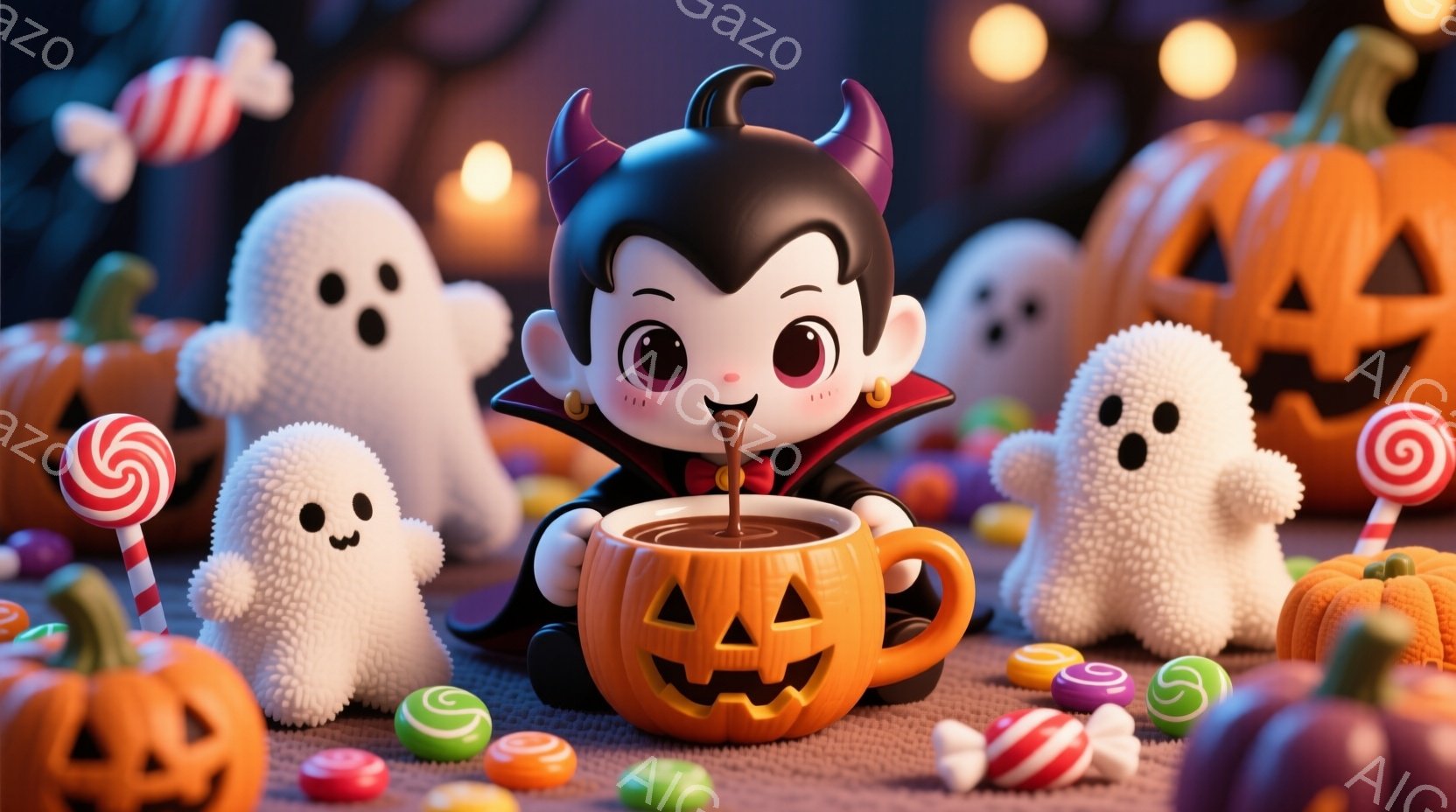 吸血鬼風の小さな男の子が、ジャック・オー・ランタンの形をしたマグカップを前に座っています。彼は黒い髪と赤い角、そして吸血鬼の衣装を着ており、嬉しそうな表情をしています。背景には、様々なキャンディーと、 - AI生成フリー素材