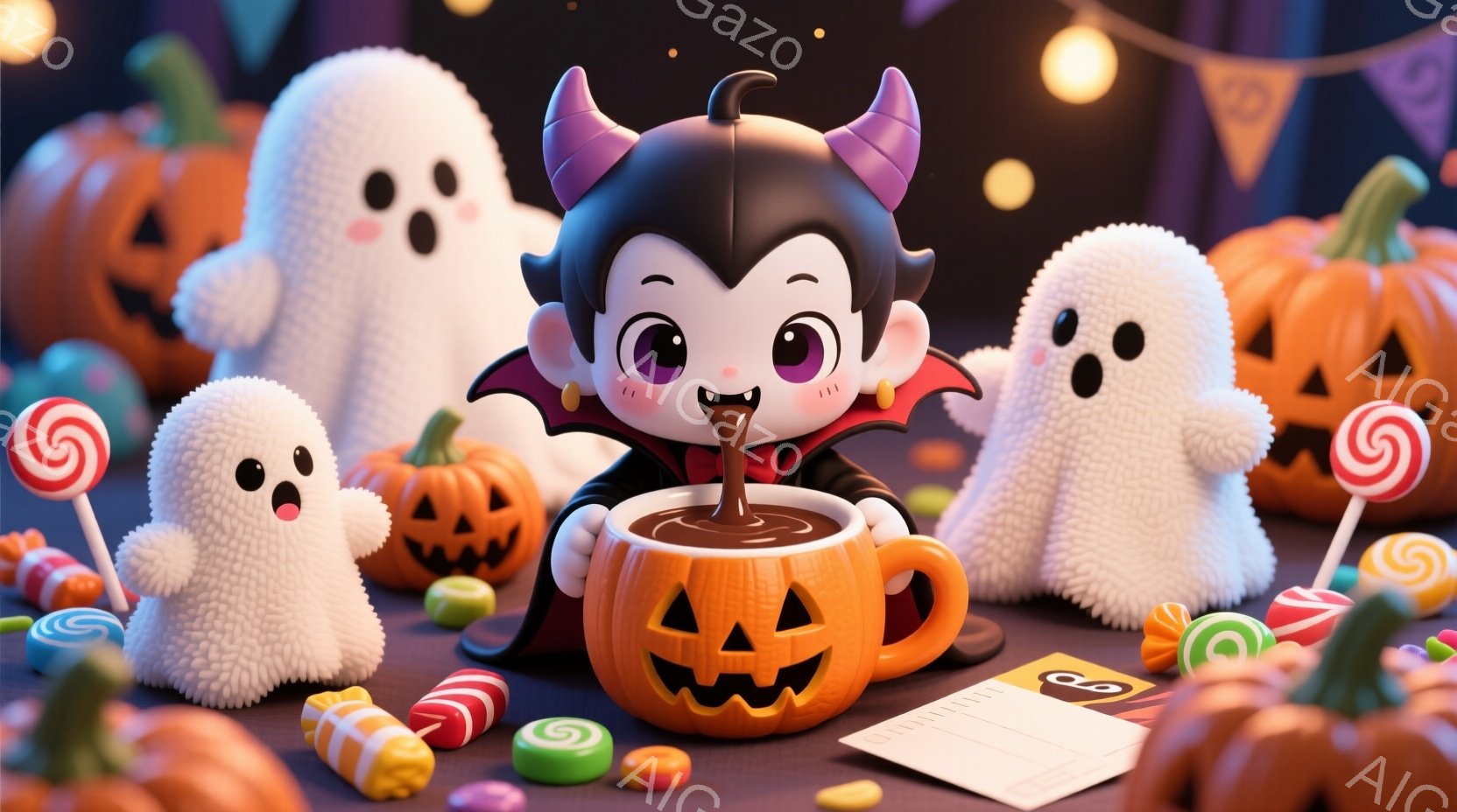 吸血鬼の衣装を着た小さなキャラクターが、ジャック・オー・ランタンの形をしたマグカップからストローで何かを飲んでいます。背景には、様々なキャンディーと、可愛らしいゴーストたちが配置され、ハロウィーンの楽 - AI生成フリー素材