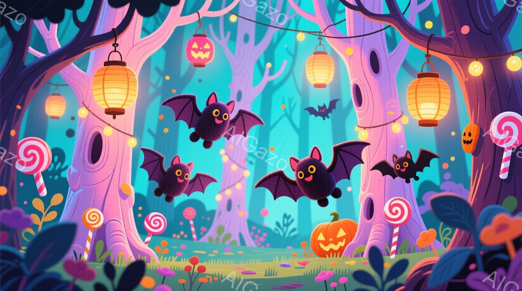 紫と緑を基調とした幻想的な森のイラストです。カボチャのランタン、キャンディー、コウモリが飛び交い、ハロウィンの楽しい雰囲気を醸し出しています。地面にはキノコや花が咲き乱れ、おとぎ話のような世界観を作り - AI生成フリー素材
