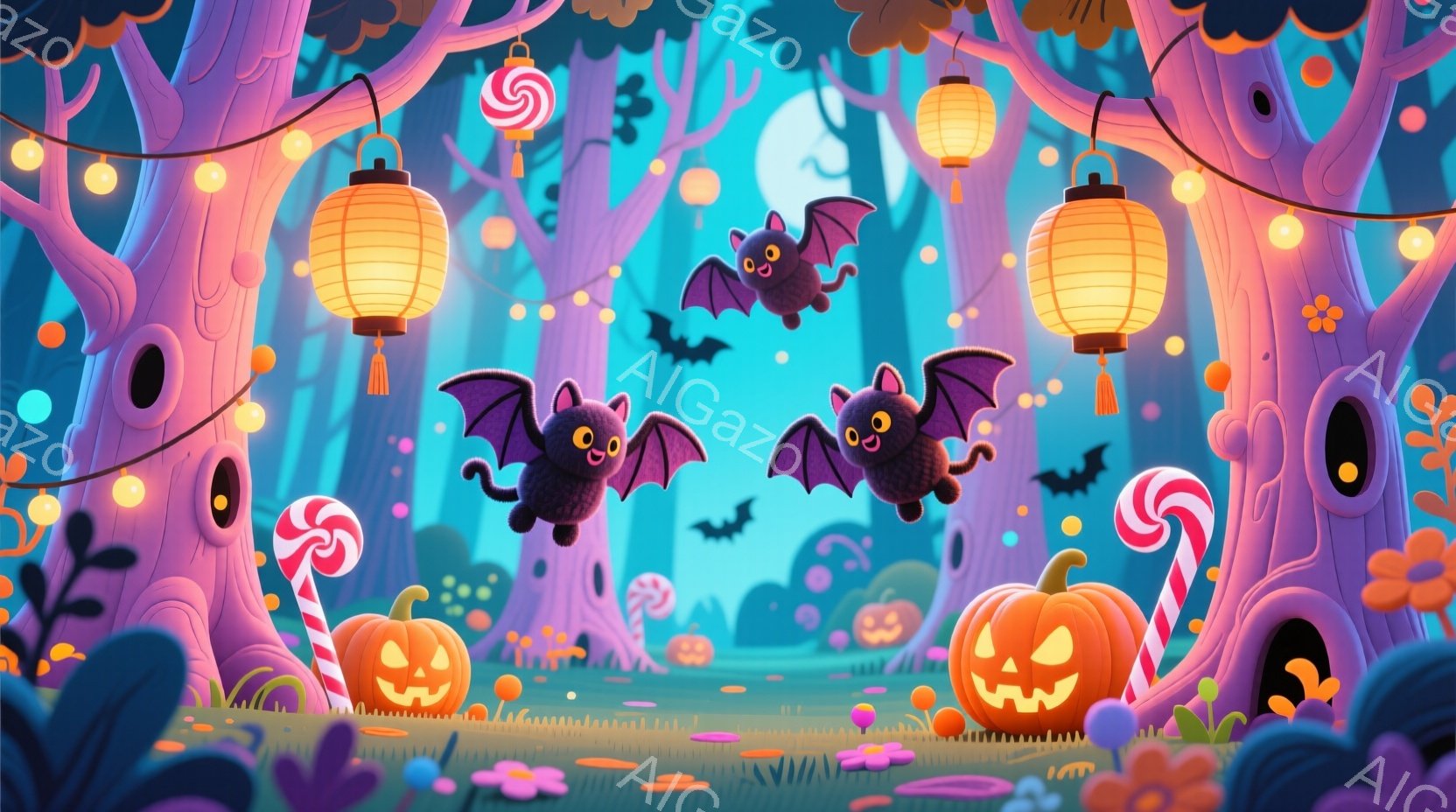 鮮やかなハロウィーンの森が描かれており、ねじれた木々や、地面に散らばるカラフルな花々が特徴的です。空にはコウモリが舞い、木々にはオレンジ色の提灯とキャンディが飾られ、地面にはジャック・オー・ランタンが - AI生成フリー素材