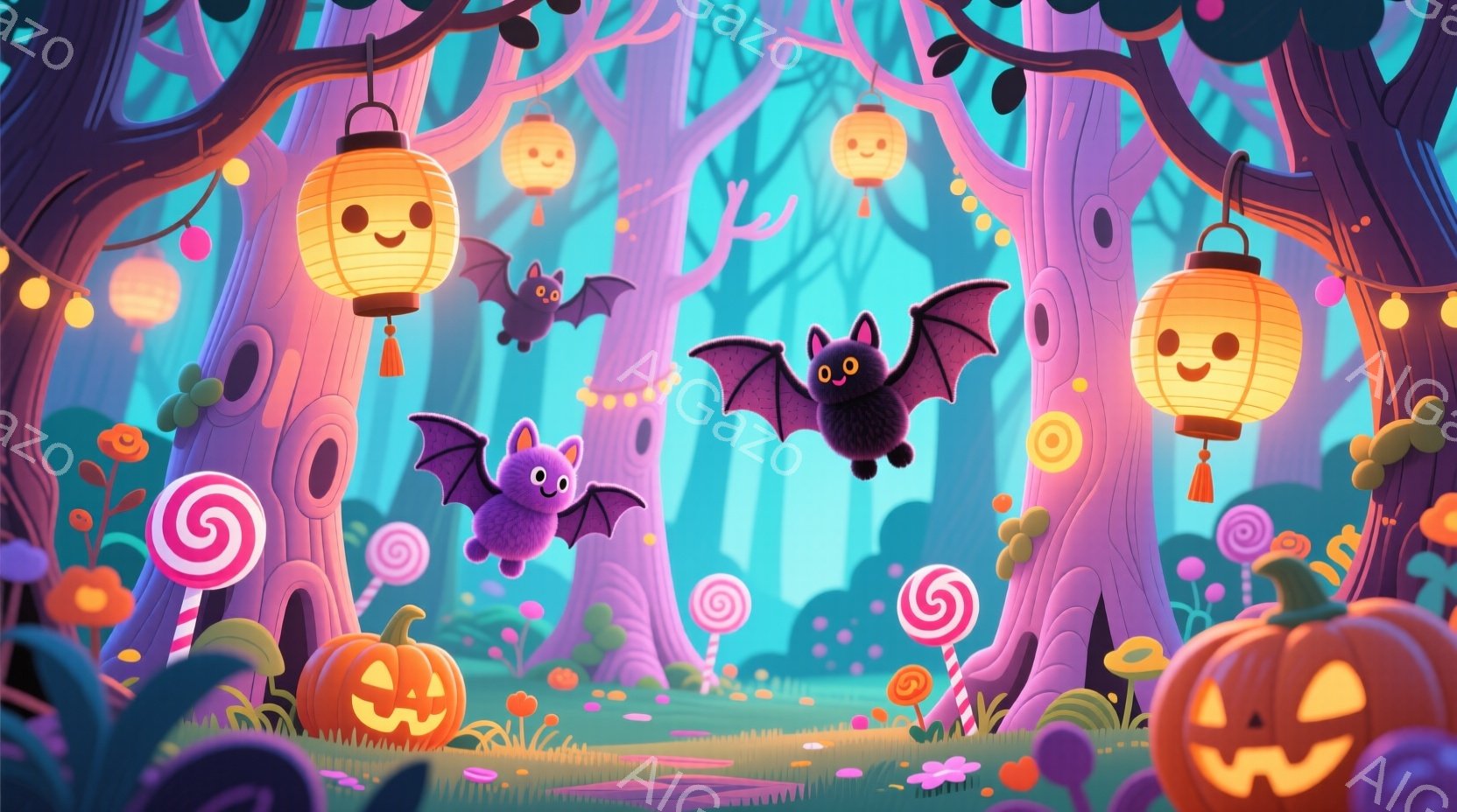 カラフルでファンタジーなハロウィーンの森が描かれています。オレンジ色のカボチャ、渦巻き模様のキャンディー、そして可愛らしいコウモリが浮かび、明るいランタンが木々を照らしています。全体的に、お祭り気分で - AI生成フリー素材