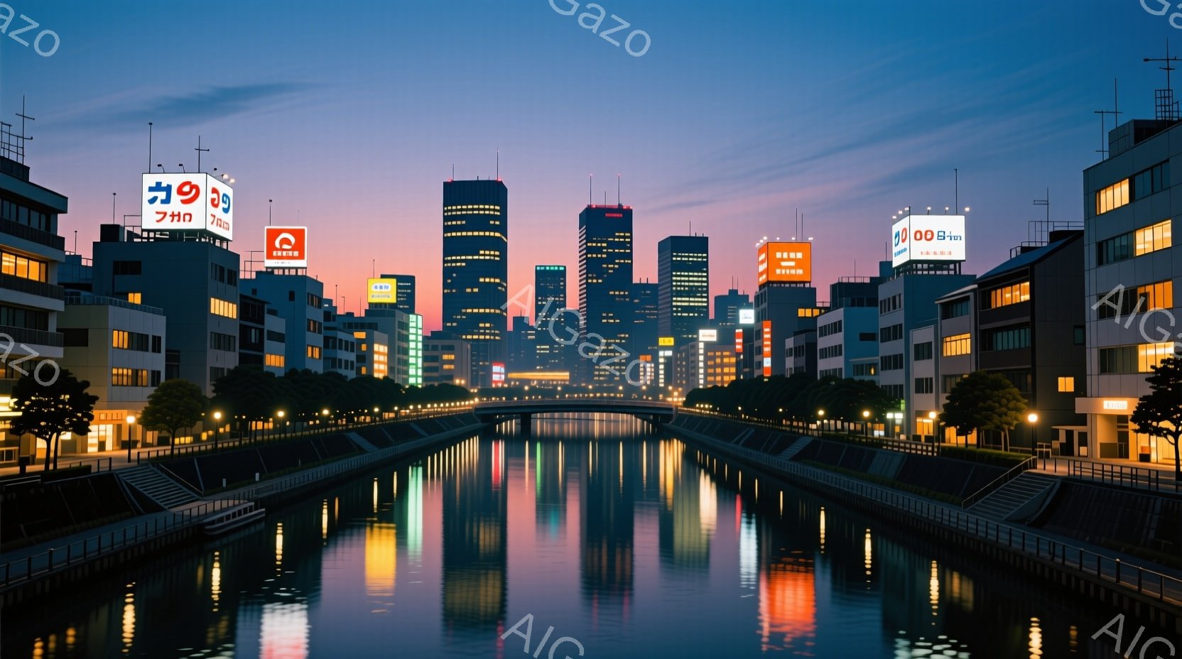 夜明け前の都市の風景で、運河が建物の間の道を縫うように流れている。運河の水面には、ネオンサインや街灯が反射し、水面に鮮やかな色彩の帯が映し出されている。高い建物がシルエットとなり、空は薄いオレンジ色から紫色へとグラデーションを描き、静かで穏やかな雰囲気が漂っている。