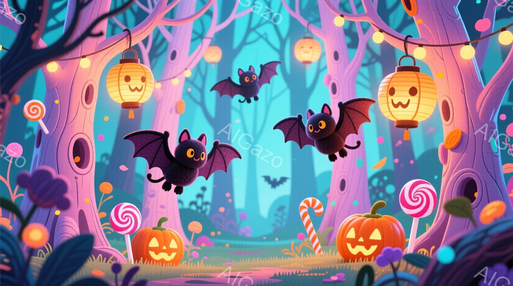 深い緑と紫色の森の中、ハロウィーンの装飾が施された幻想的な光景が広がっています。カボチャのランタン、キャンディー、コウモリが舞い、楽しげな雰囲気を作り出しています。全体的に明るく鮮やかな色彩で、子供向 - AI生成フリー素材