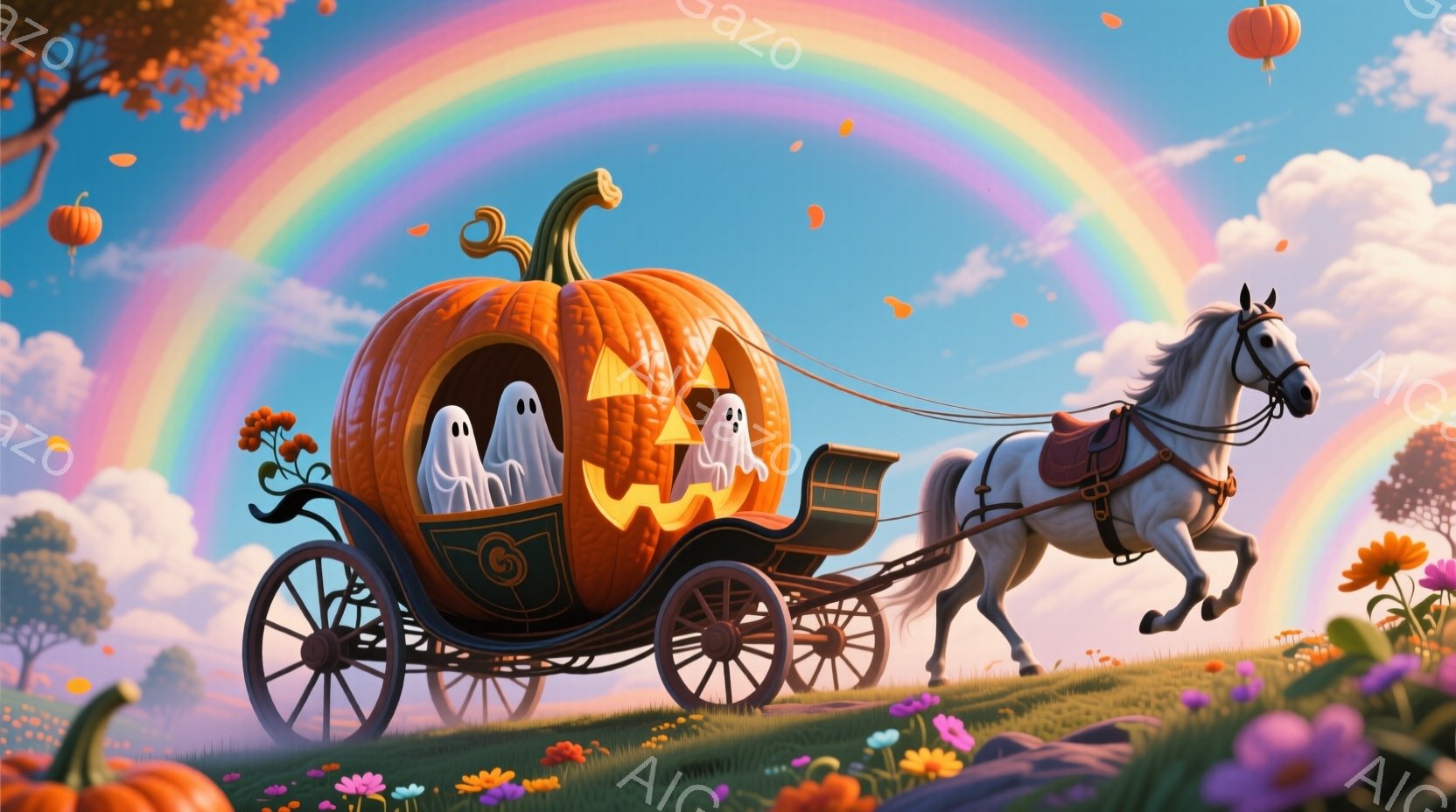 晴れた空の下、カボチャで作られた馬車が丘を駆け上がっている様子が描かれている。馬車の中には、可愛らしい幽霊たちが乗っており、白い馬がそれを引いている。背景には虹がかかり、周囲にはオレンジやピンクの花々 - AI生成フリー素材