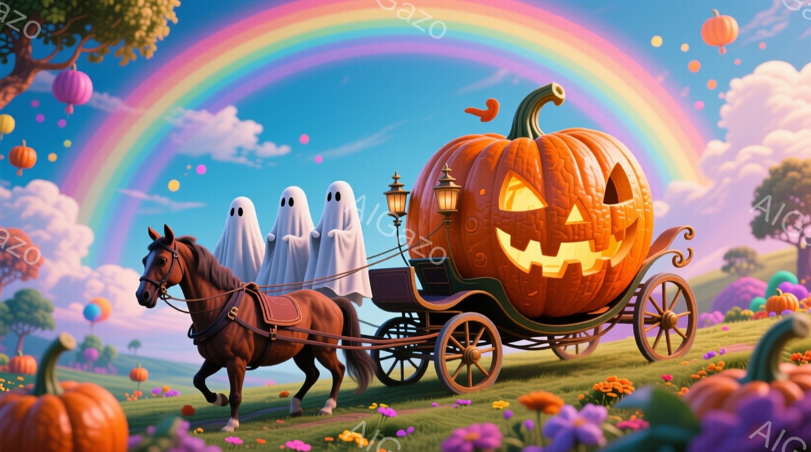 栗色の馬が、カボチャで作られた馬車を引いています。馬車には三体の白い幽霊が乗っており、その表情ははっきりとは分かりません。背景には虹がかかり、オレンジ色のカボチャや花が咲き乱れる、幻想的で明るい雰囲気の風景が広がっています。