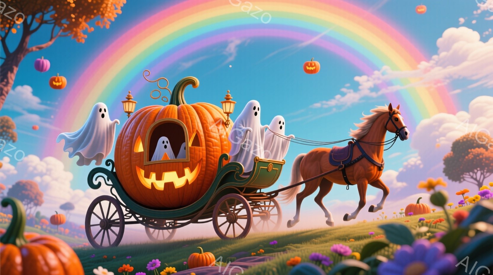 広大な緑の丘を、カボチャで作られた馬車が茶色の馬に引かれて進んでいます。馬車には、白い幽霊たちが乗っており、楽しそうな表情をしています。背景には虹がかかり、ハロウィーンの飾りであるカボチャが点在し、夢 - AI生成フリー素材