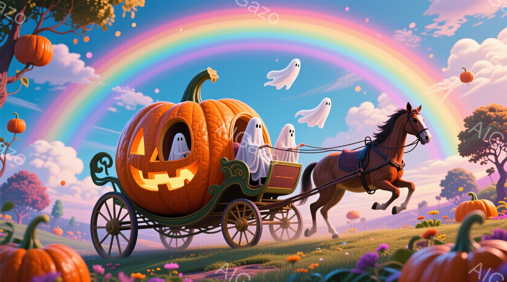 カボチャで作られた馬車が、茶色の馬に引かれて草原を走っている。馬車には３体の白い幽霊が乗っており、楽しそうに微笑んでいるように見える。背景には虹がかかり、オレンジ色のカボチャ畑が広がり、明るく幻想的な雰囲気を醸し出している。