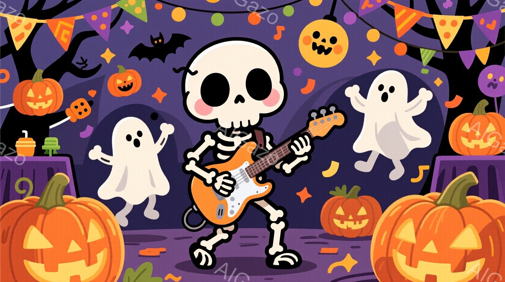 骸骨が電気ギターを弾きながら踊っています。背景には、ジャック・オー・ランタン、お化け、コウモリ、ハロウィーンの飾り付けが散りばめられており、陽気なハロウィーンの雰囲気です。紫色の背景と明るい色使いで、楽しげでポップな印象を与えます。