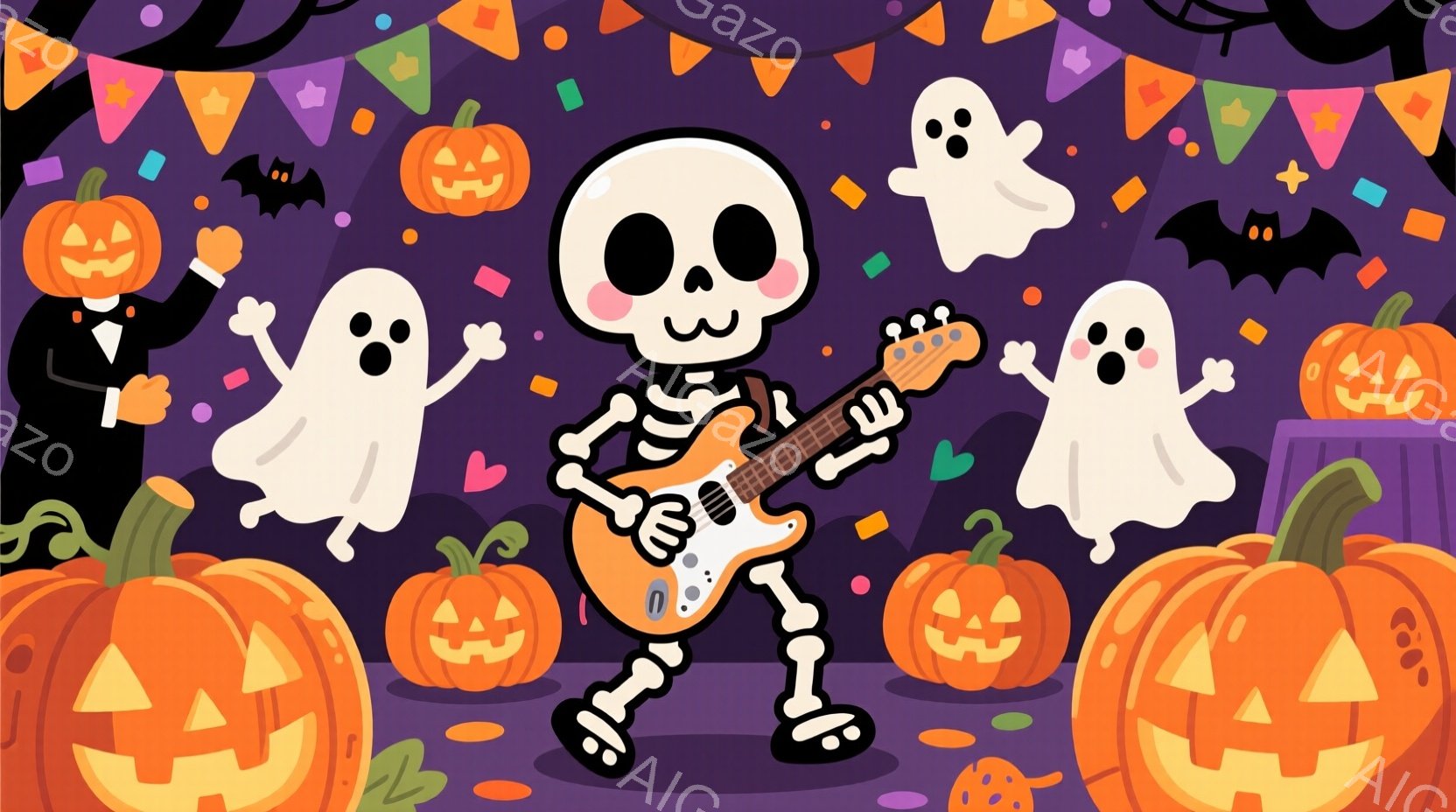 鮮やかな紫色の背景に、ギターを弾く骸骨と、その周りを飛び跳ねる３つの幽霊が描かれています。骸骨はターコイズブルーのギターを構え、楽しそうに演奏しています。背景には、さまざまな表情をしたかぼちゃや、コウ - AI生成フリー素材