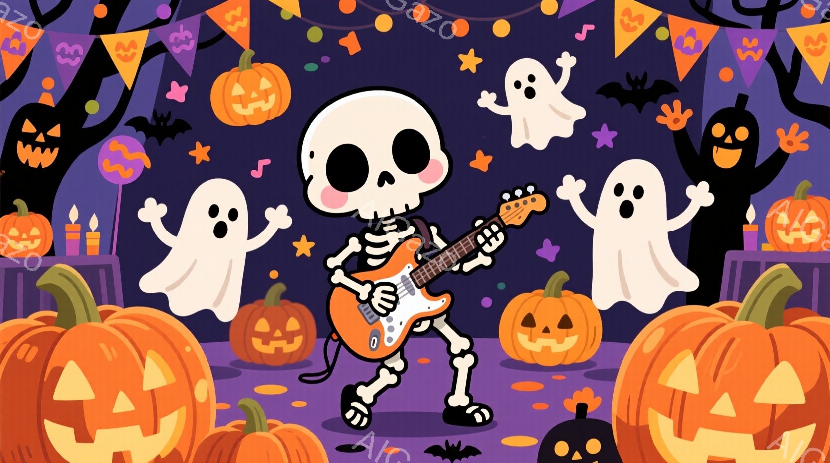 スケルトンがエレクトリックギターを弾きながらポーズをとっており、周りにはジャック・オー・ランタンやお化けが浮かんでいます。背景は紫色の星やコウモリで飾られており、ハロウィーンの楽しい雰囲気が漂っています。全体的に明るくカラフルで、お祭り気分を盛り上げるイラストです。