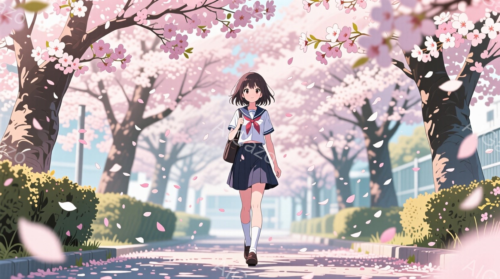 少女は紺色のスカートとセーラー服を着て、白いハイソックスと茶色の靴を履いています。彼女は桜並木の中を歩いており、少し微笑んでいるようです。背景には緑豊かな低木と、遠くに建物が見え、桜の花びらが舞い散る春の穏やかな雰囲気です。